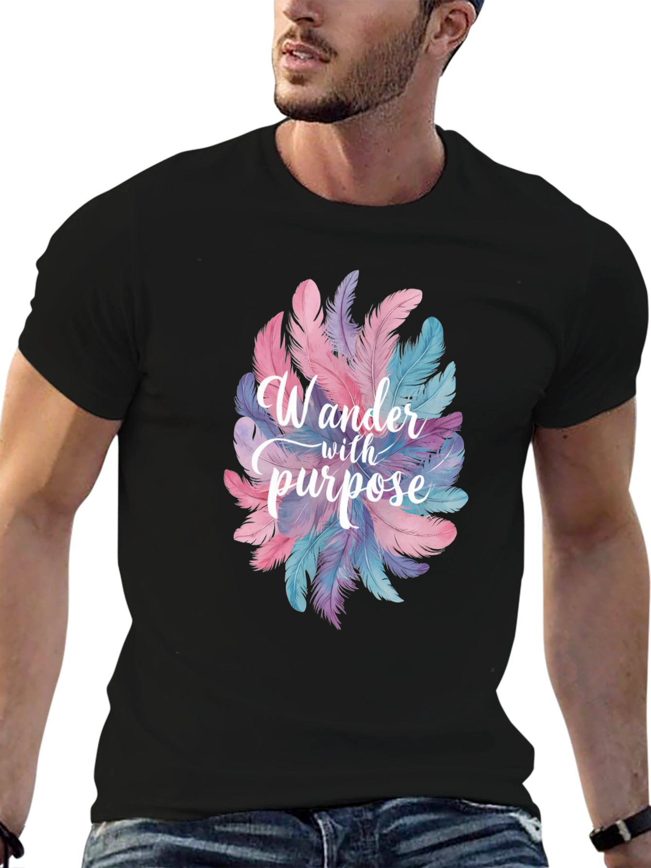 Black Wander With Purpose Feather Graphic T-Shirt view 6