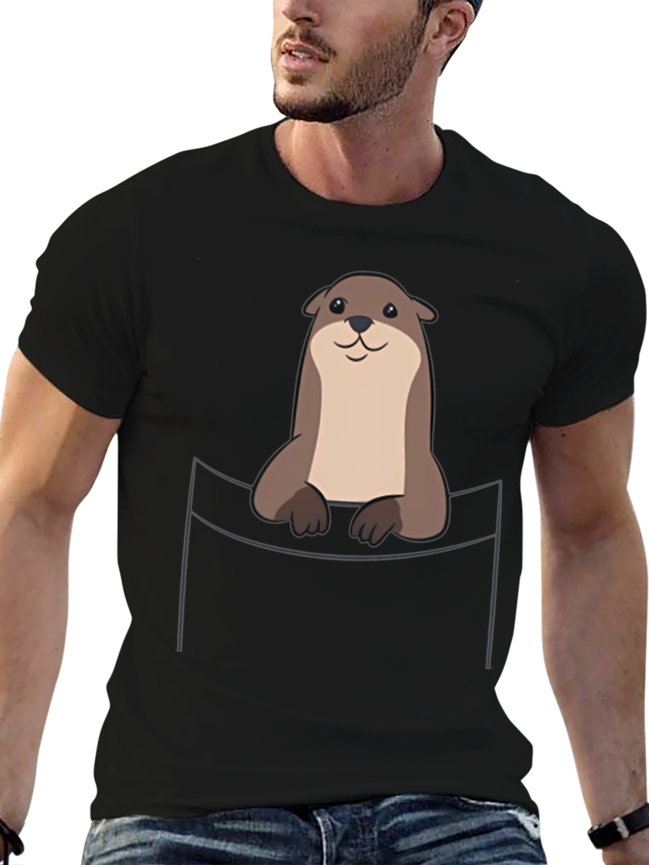 Black Otter Pocket T-Shirt - Cute Animal Graphic Tee view 6