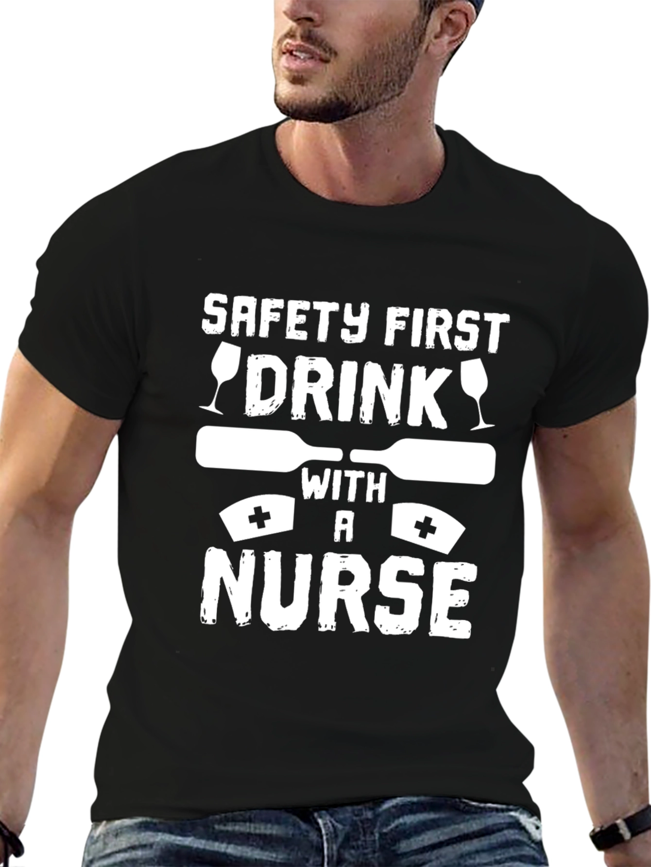 Black Safety First Drink with a Nurse Graphic T-Shirt view 6