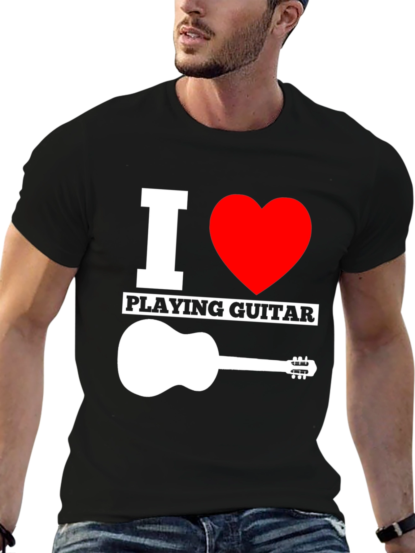 Black I Love Playing Guitar Graphic Tee - Black Cotton T-Shirt view 6