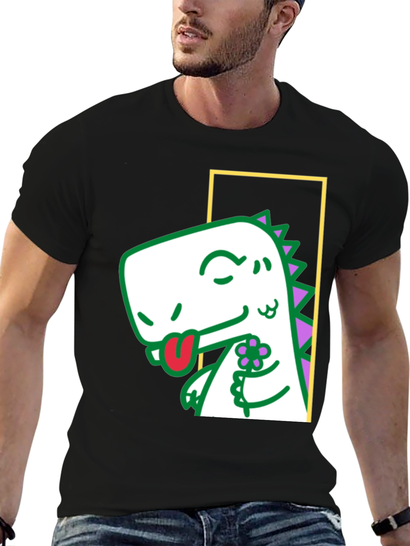 Black Dinosaur Holding Flower Graphic Tee view 6