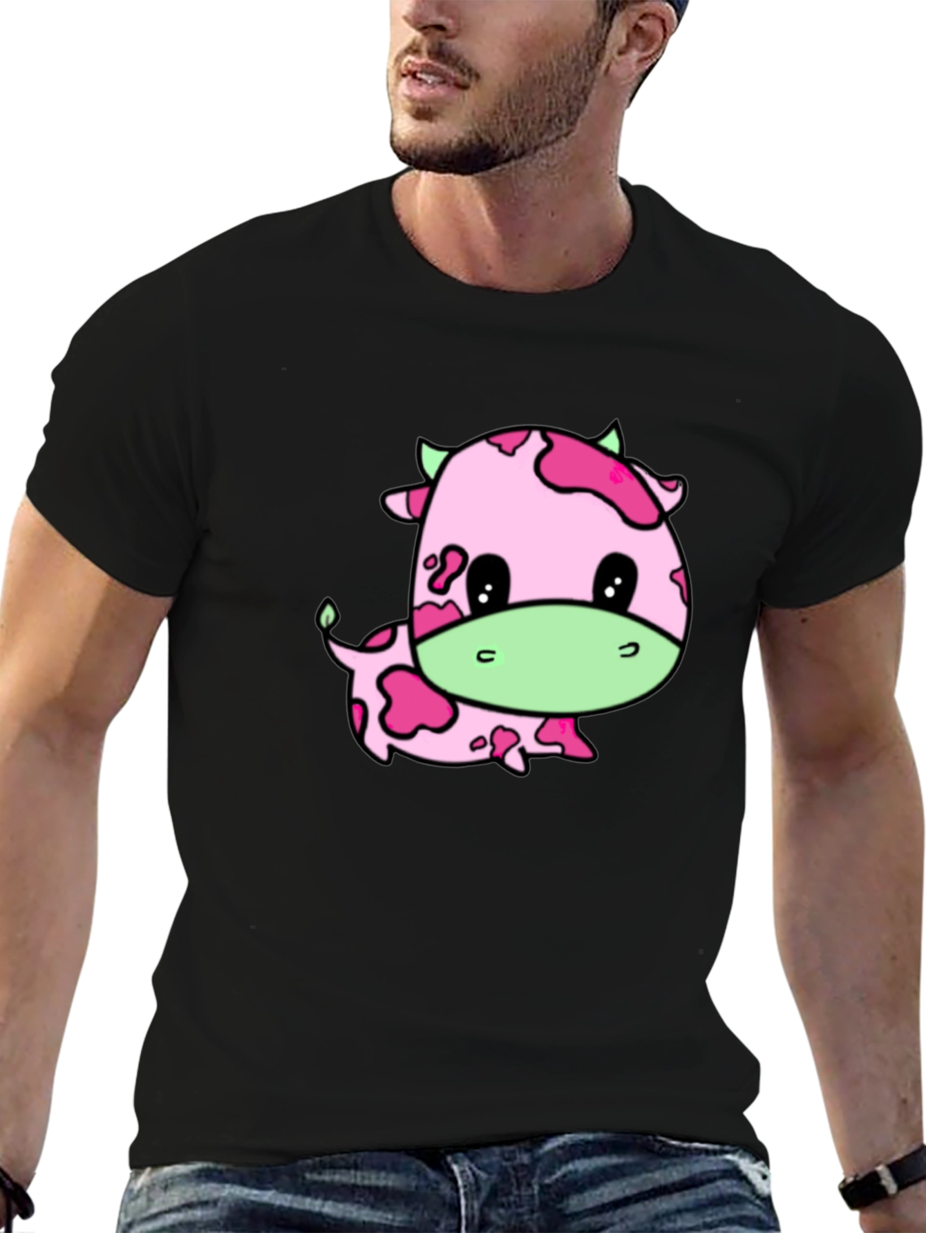 Black Cute Pink Cow Graphic Tee view 6