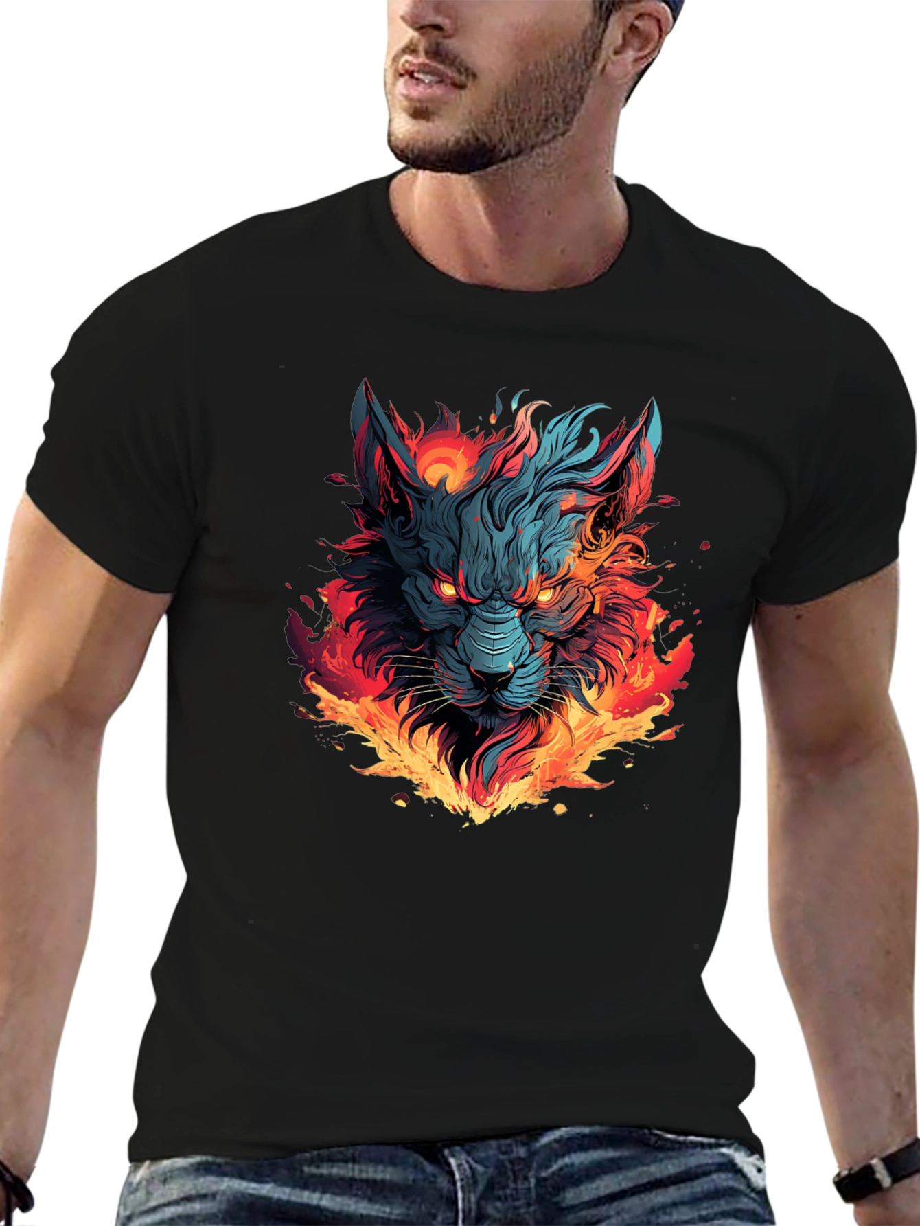 Black Fiery Wolf Graphic T-Shirt - Bold Black Tee view 6