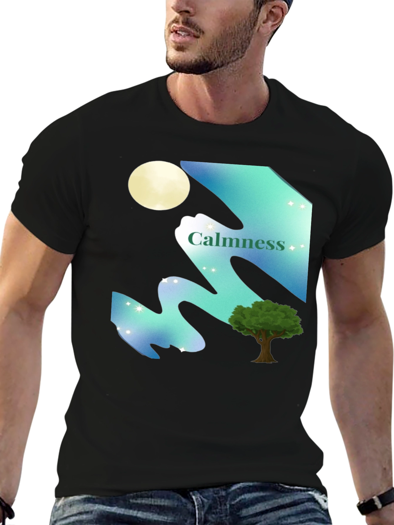Black Calmness Night Scene Graphic T-Shirt - Black view 6
