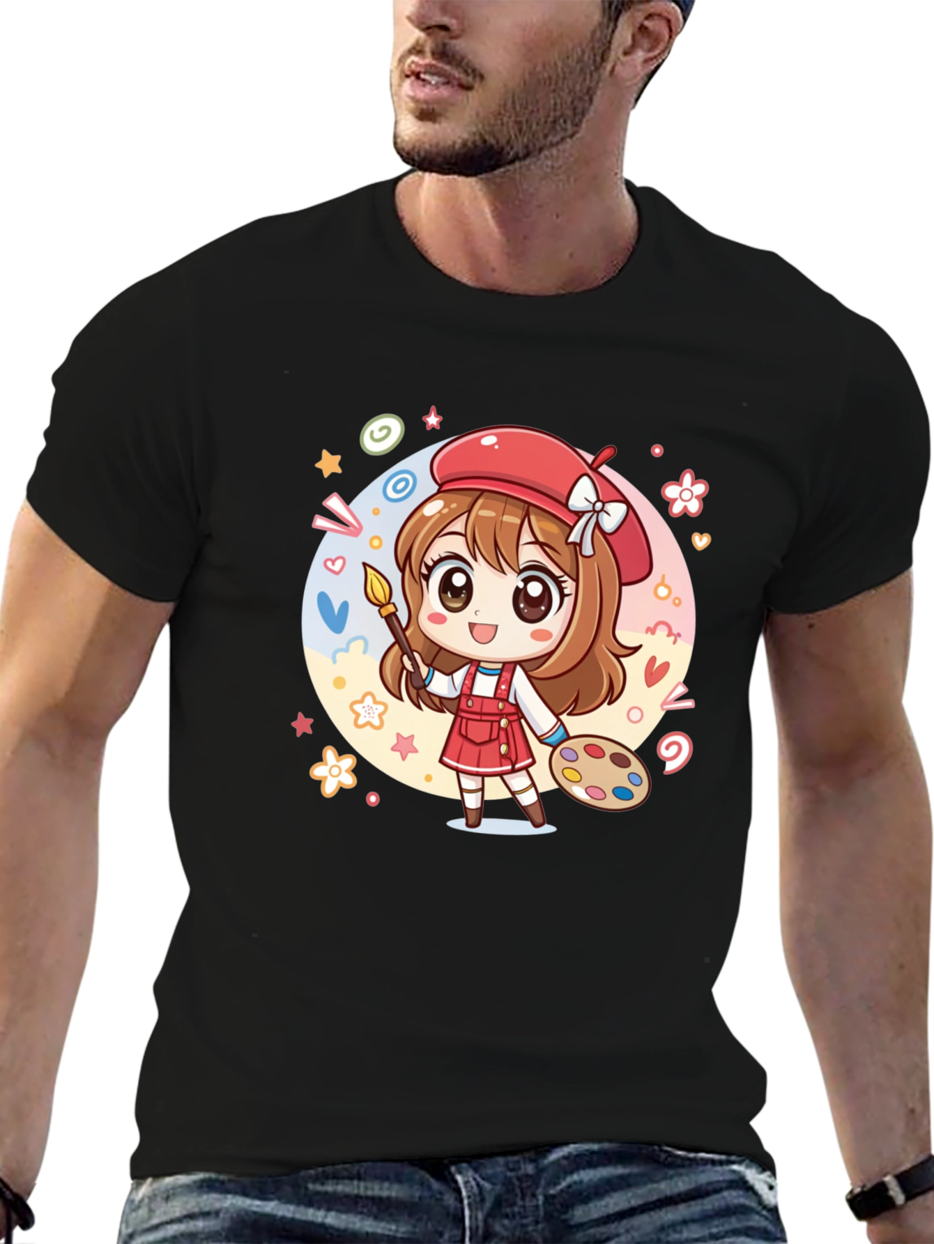 Black Cute Anime Artist Graphic T-Shirt view 6