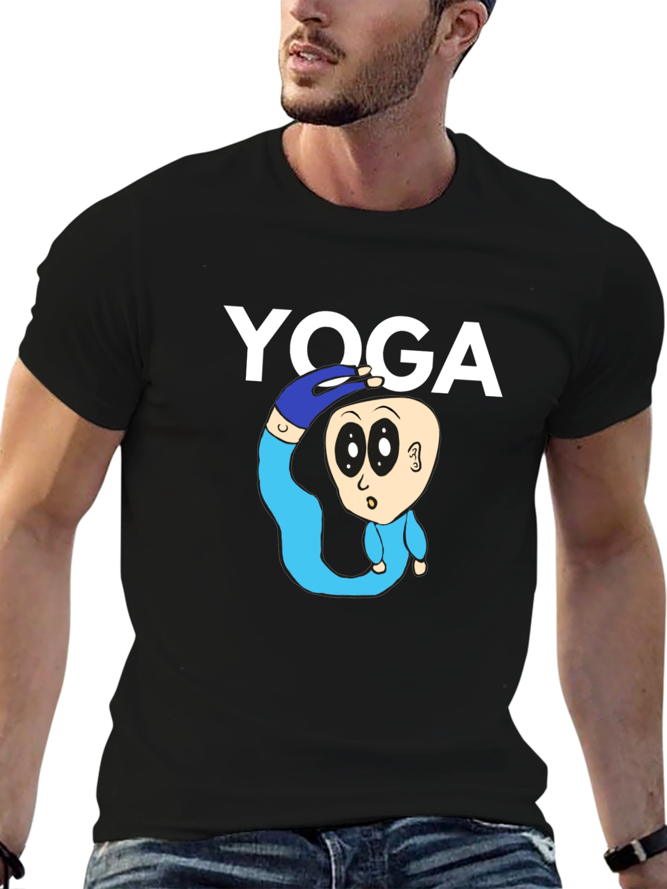 Black Yoga Cartoon Graphic Tee - Black Cotton Blend view 6