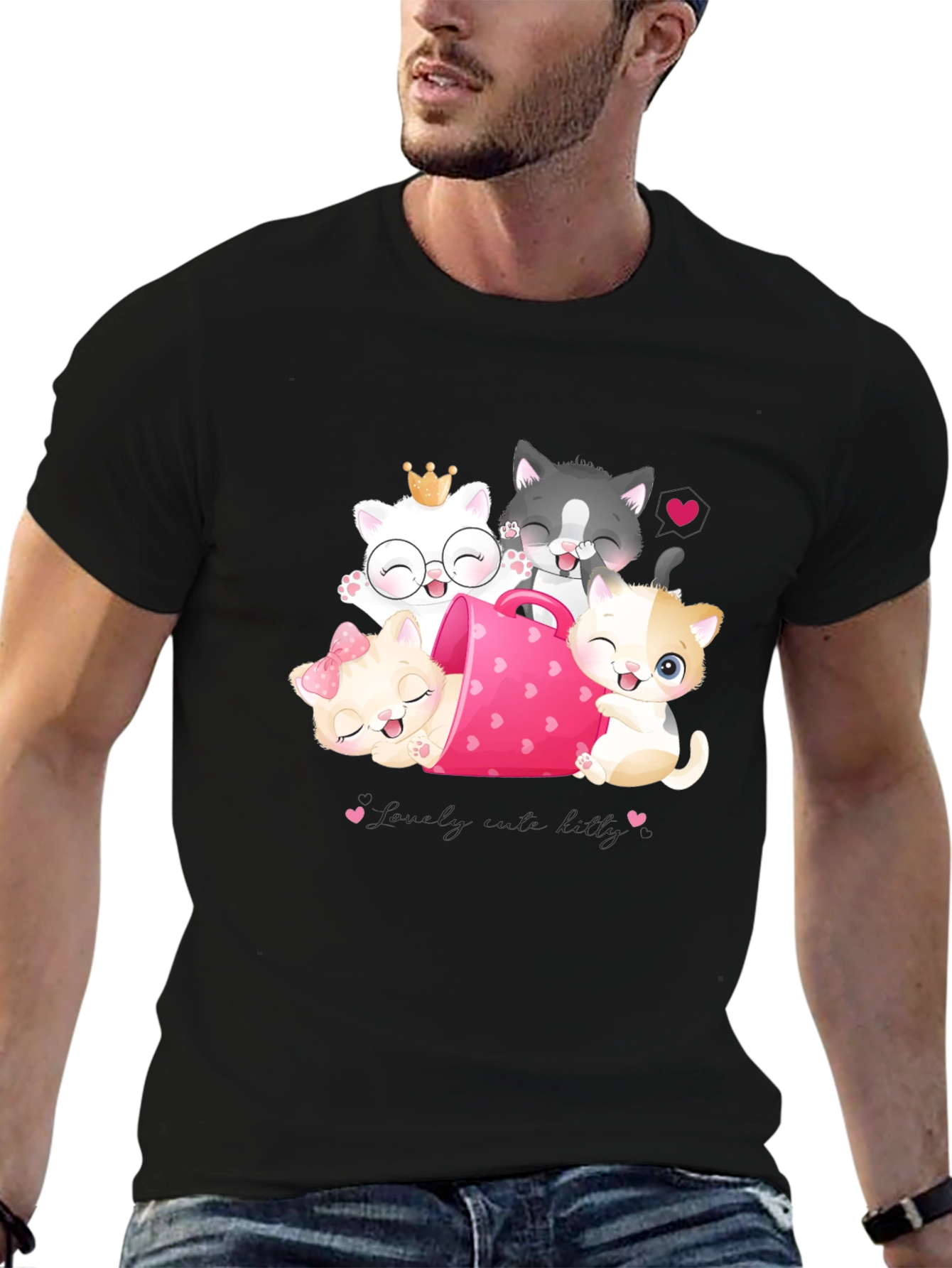 Black Cute Cats in a Cup T-Shirt view 6