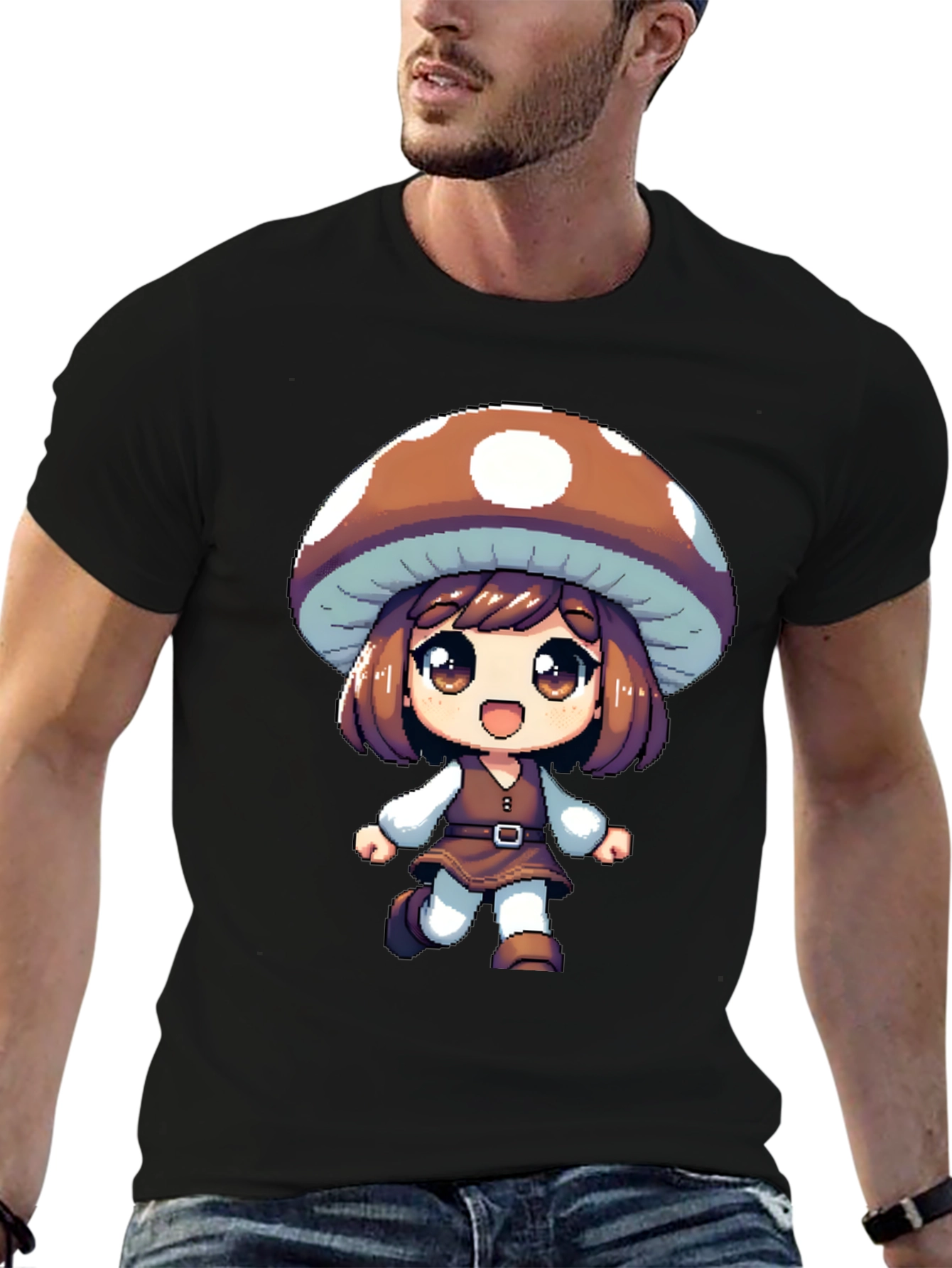 Black Mushroom Girl Black T-Shirt Anime Pixel Art view 6