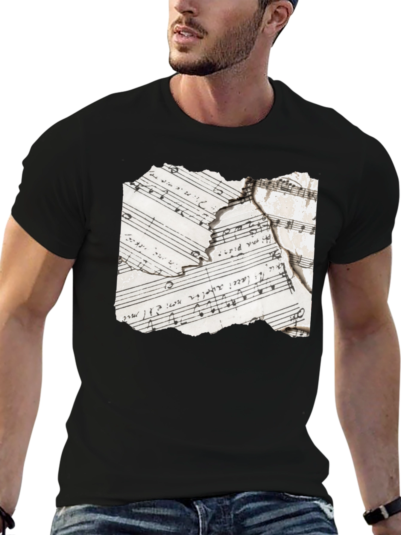 Black Torn Music Sheet Graphic Tee - Black Cotton Blend view 6