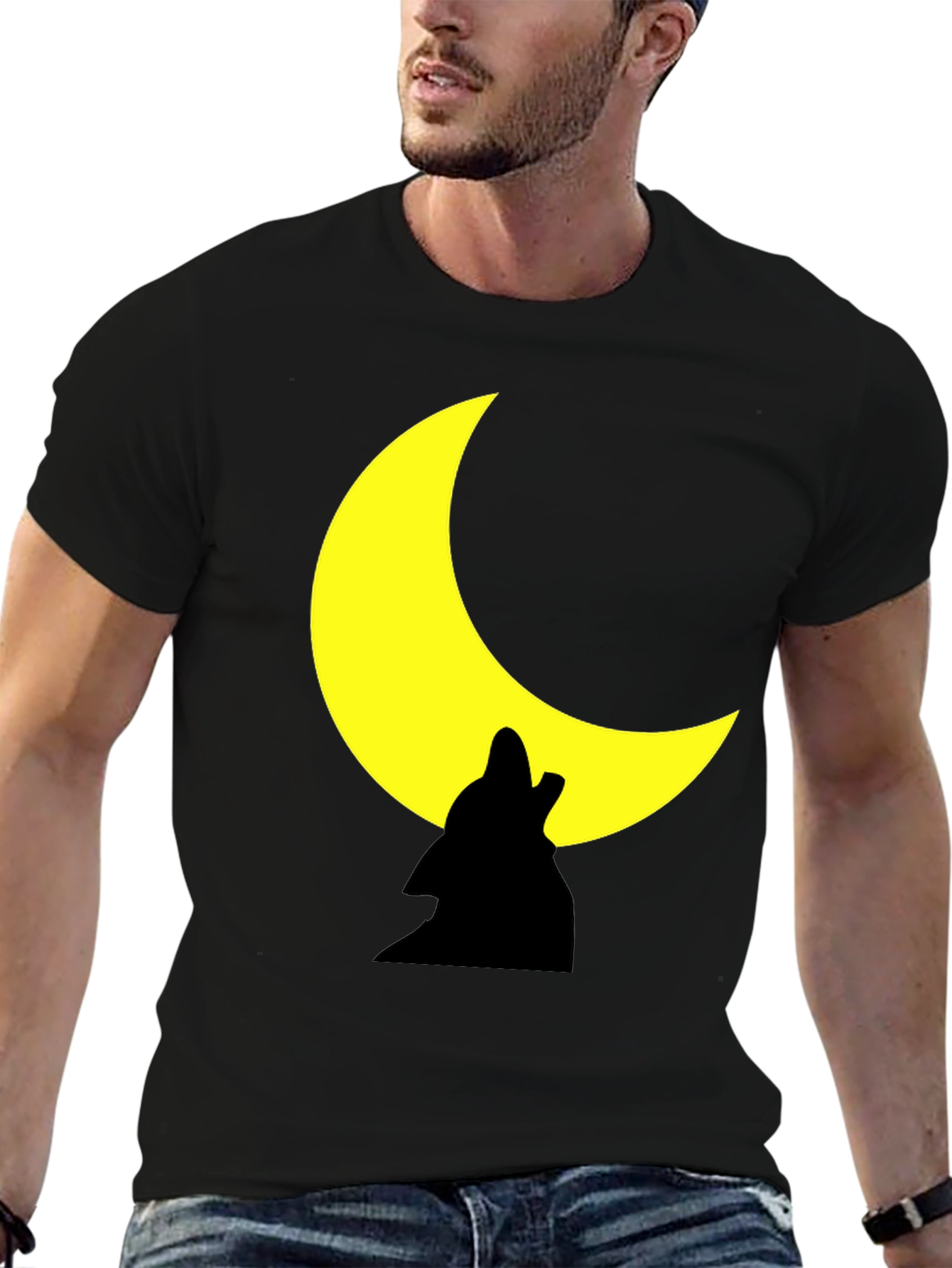 Black Wolf Howling Moon Graphic Black Tee Shirt view 6