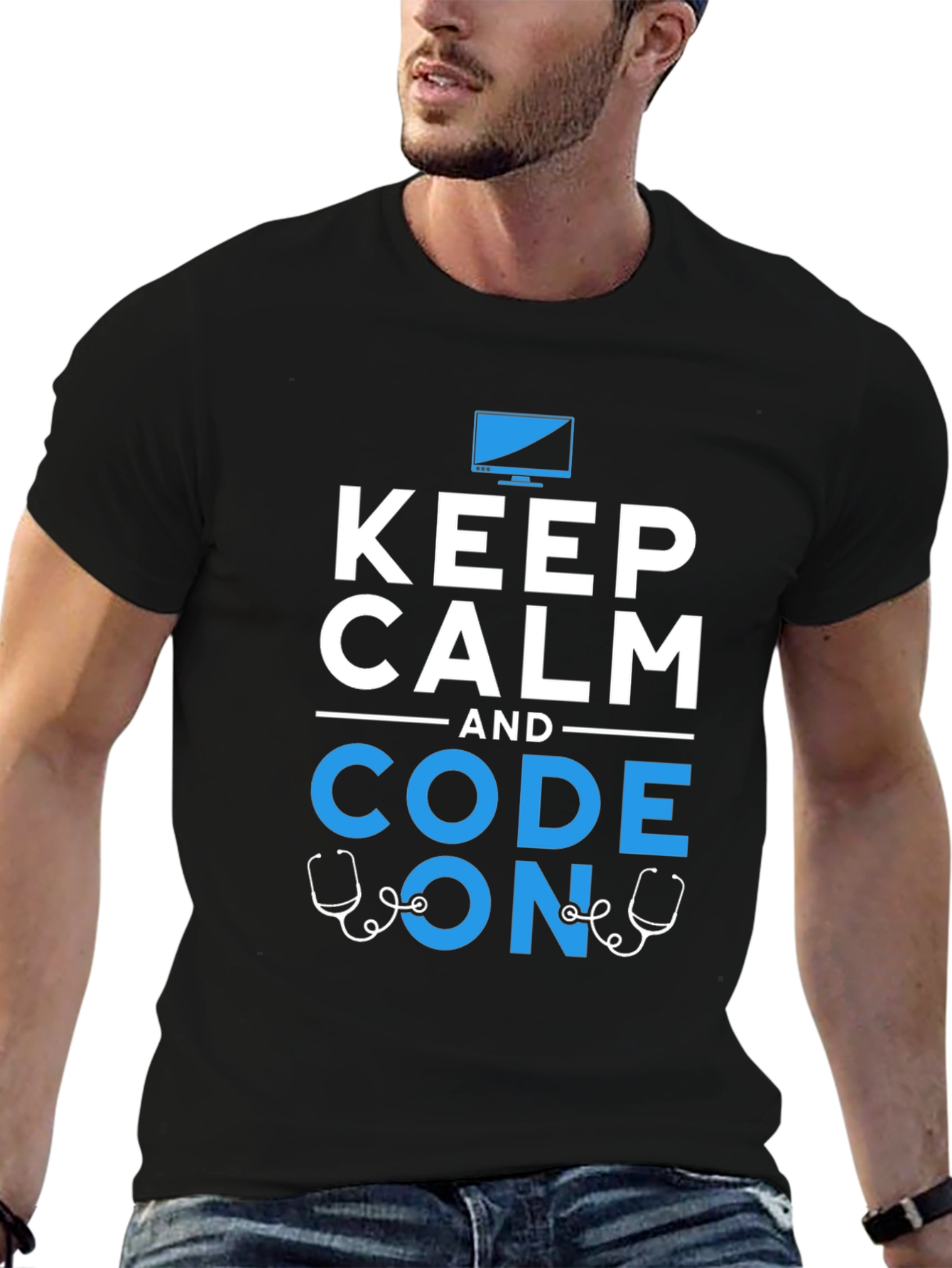 Black Keep Calm Code On Graphic T-Shirt Programmer Coder view 6