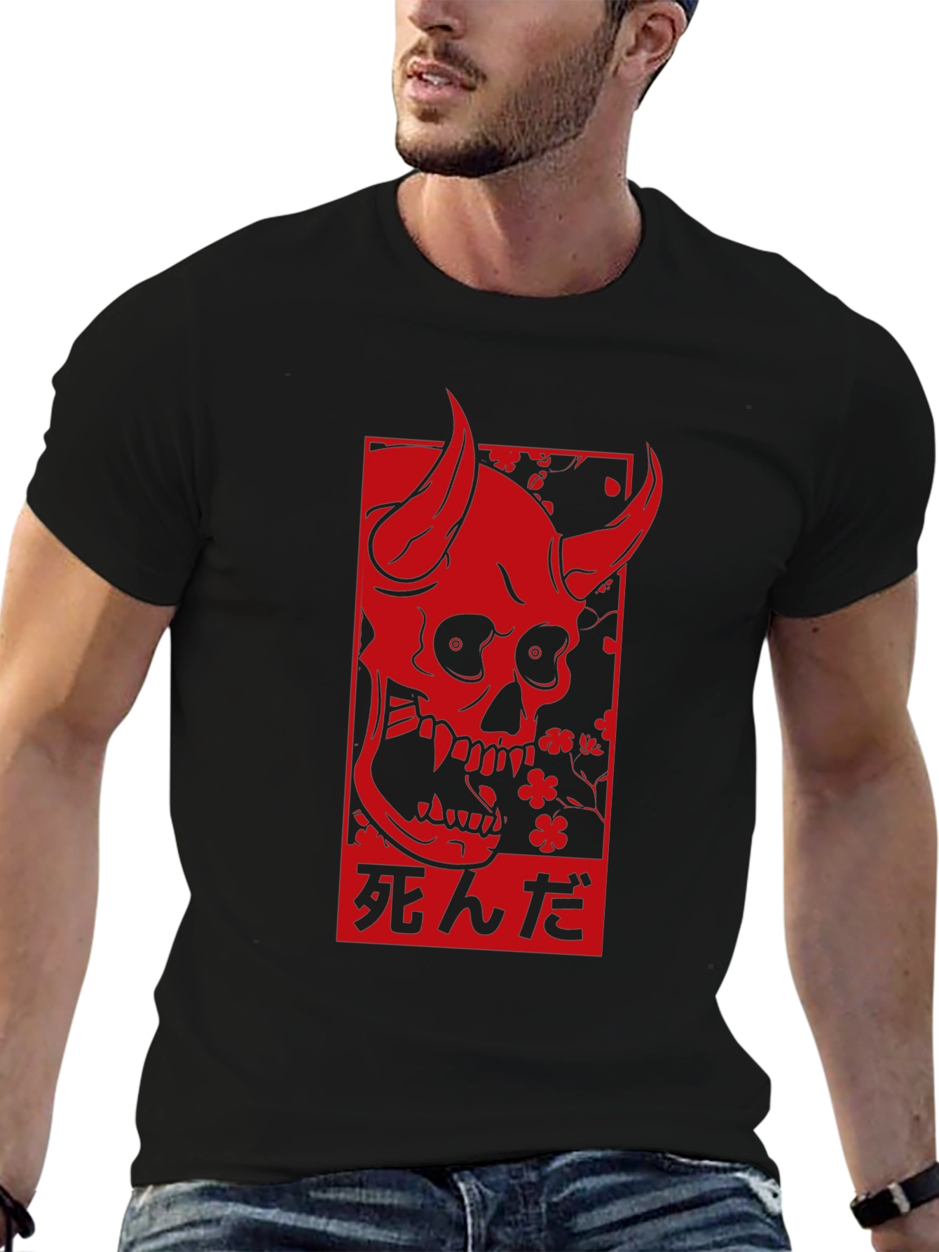 Black Devil Skull Graphic Print Black T-Shirt view 6