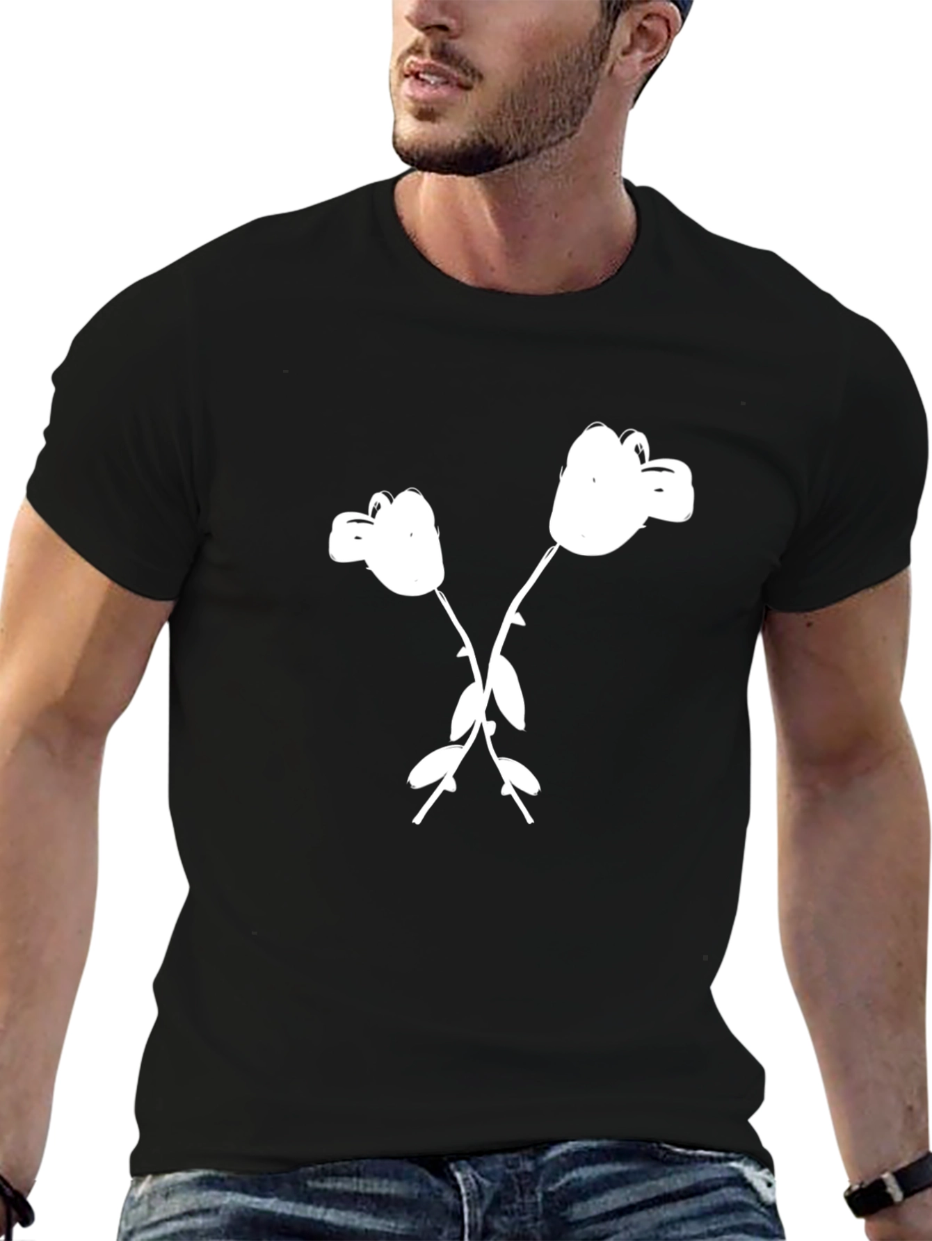 Black Black T-Shirt with White Cartoon Flower Graphic view 6