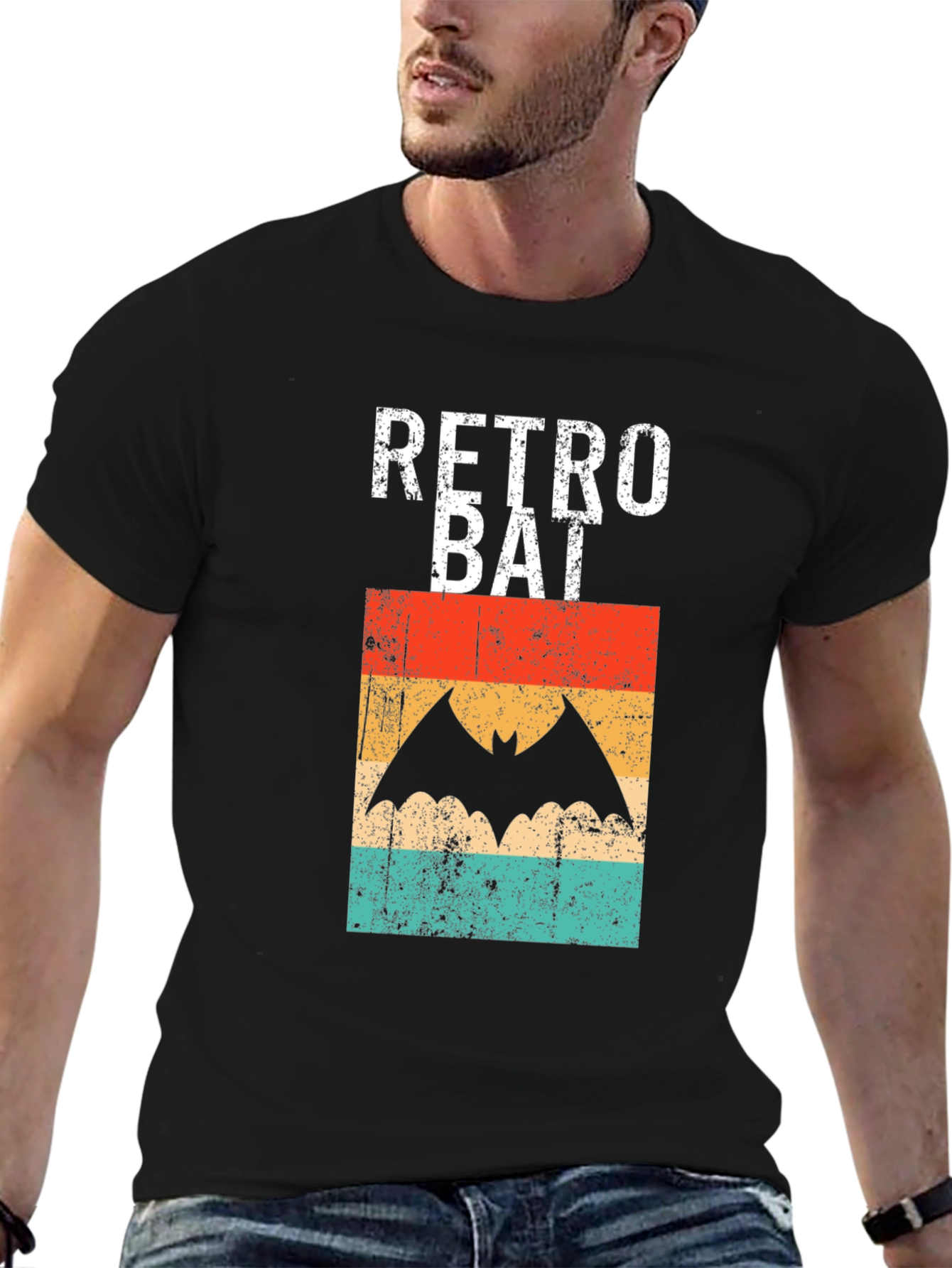 Black Retro Bat Graphic Tee - Vintage Style Black T-Shirt view 6