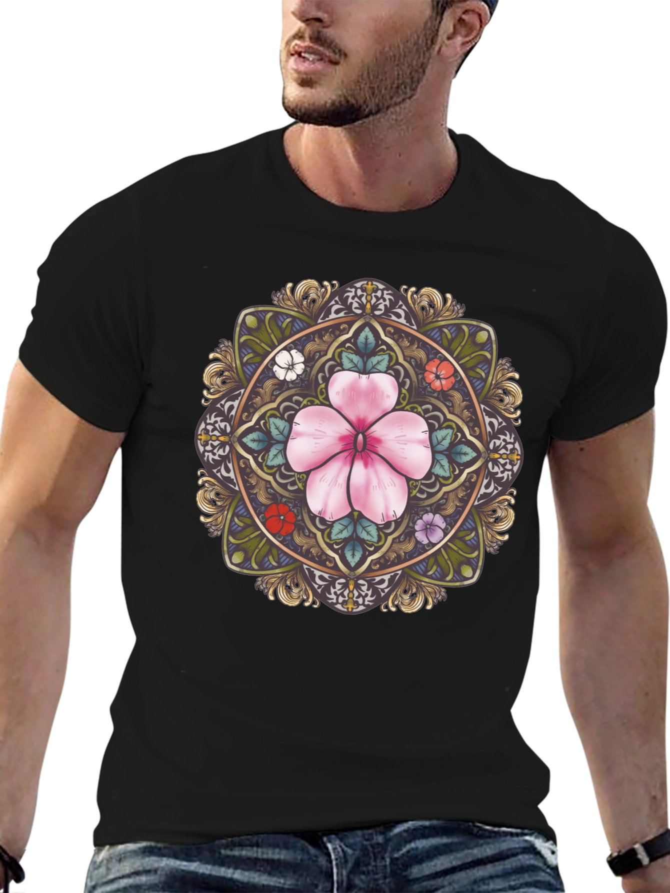 Black Floral Mandala Graphic Tee - Stylish Black T-Shirt view 6