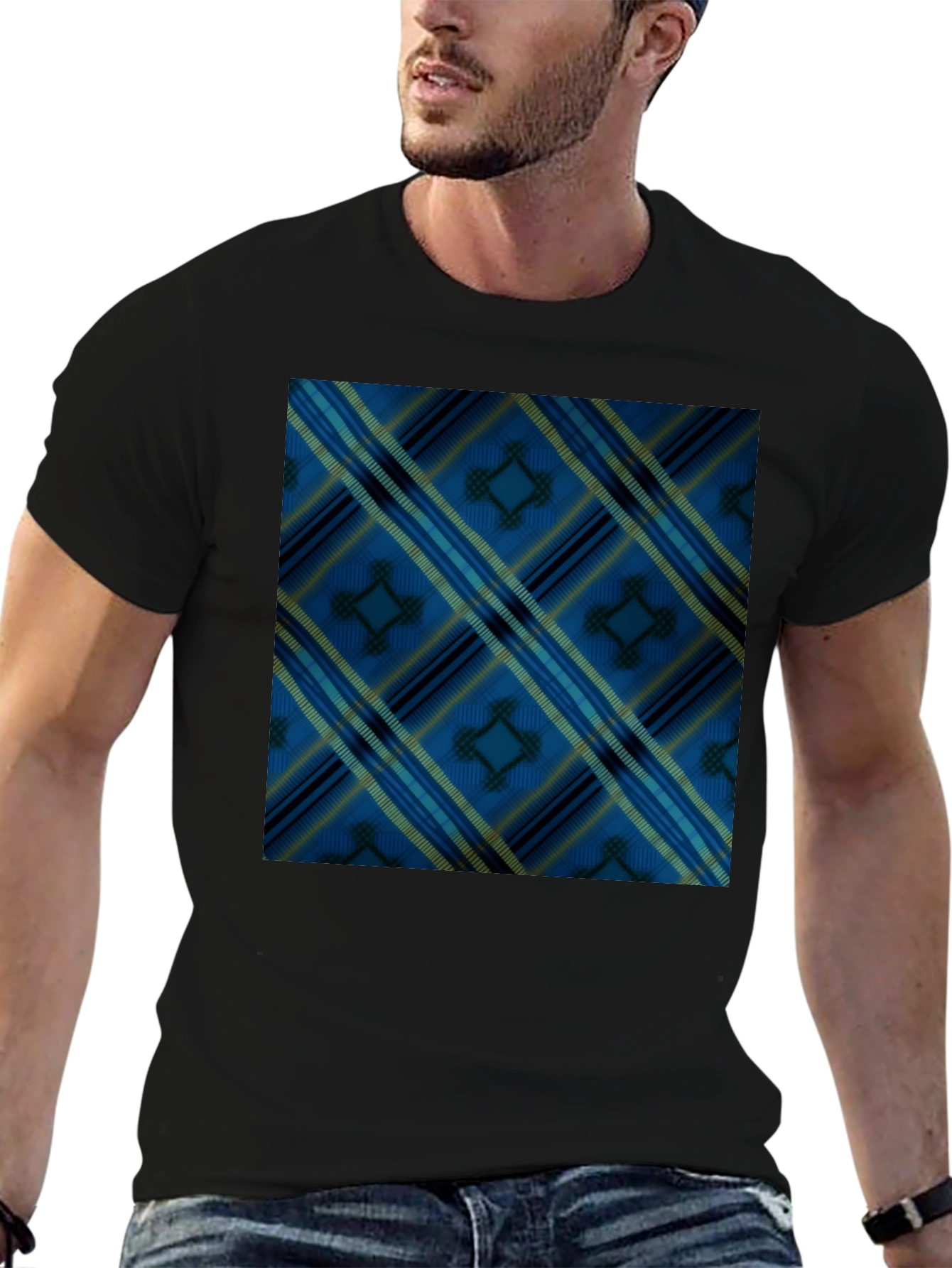 Black Blue Plaid Pattern Black T-Shirt view 6