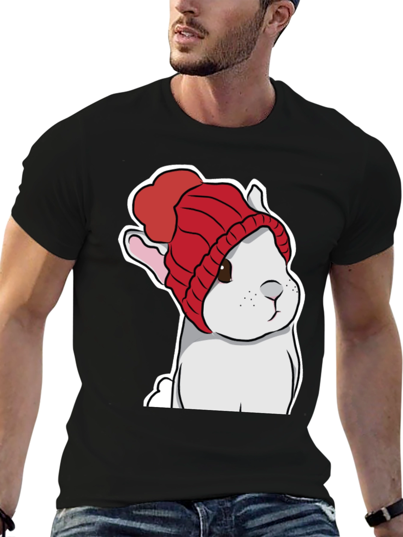 Black Cute Bunny in Red Knit Hat T-Shirt view 6