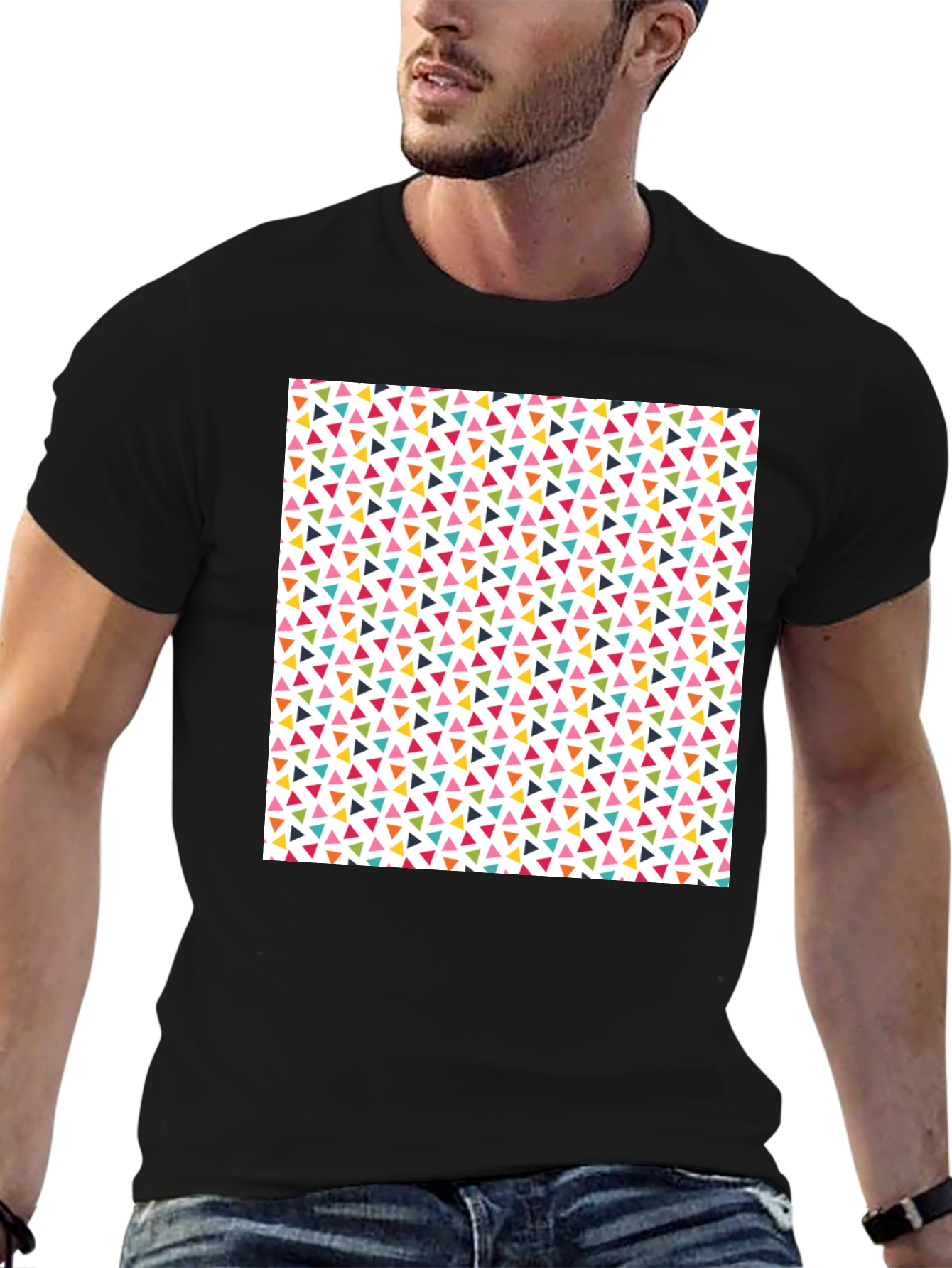 Black Fun Geometric Triangle Pattern Black T-Shirt view 6