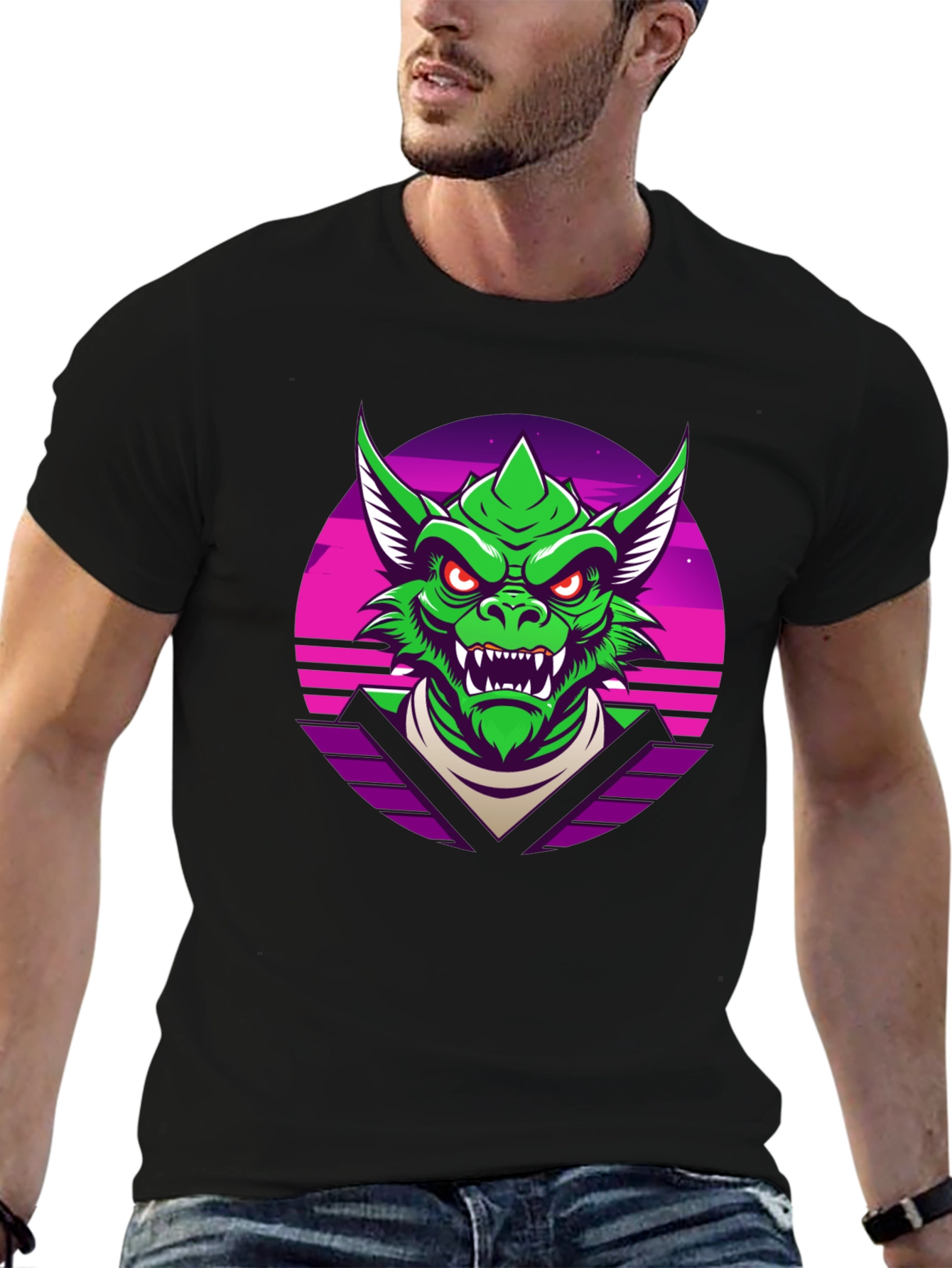 Black Retro Synthwave Dragon Graphic Tee view 6