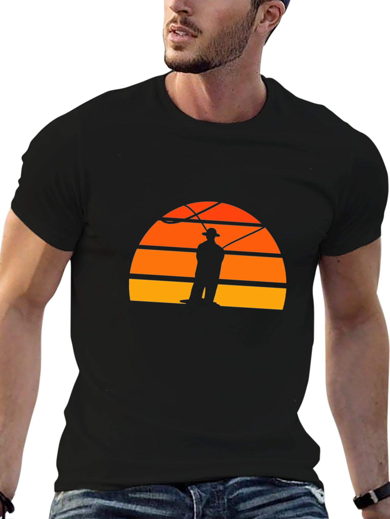 Black Fisherman Sunset Graphic Tee - Retro Style Black T-Shirt view 6