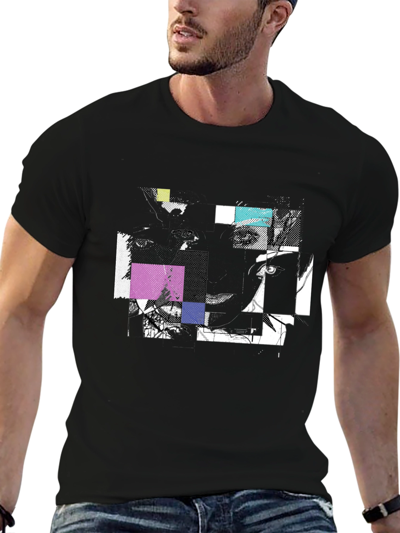 Black Abstract Geometric Graphic Print Black T-Shirt view 6
