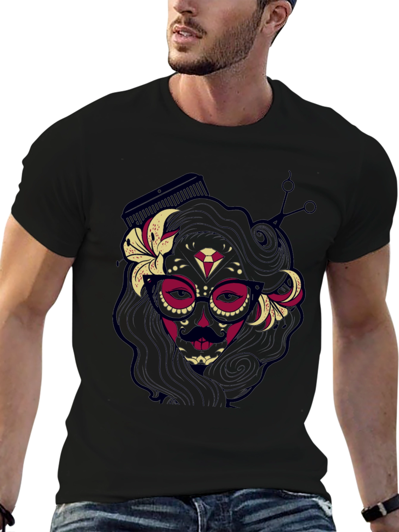 Black Sugar Skull Barber T-Shirt view 6