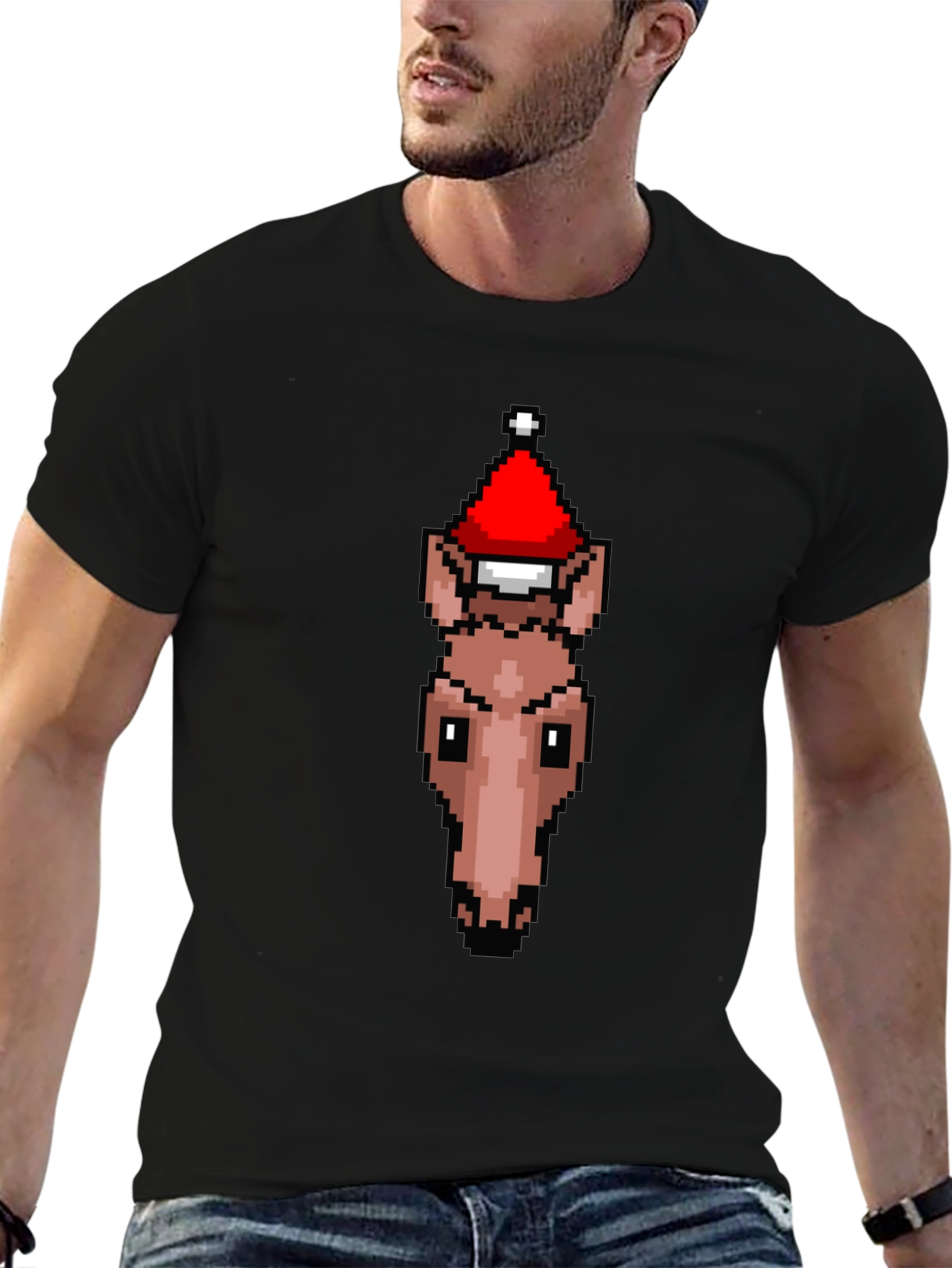 Black Pixel Art Horse Santa Hat T-Shirt view 6