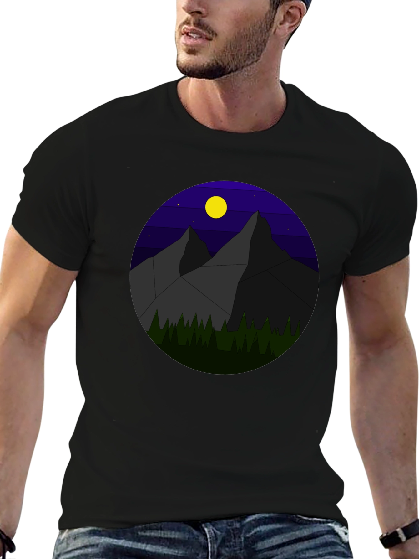 Black Geometric Mountain Nightscape T-Shirt view 6