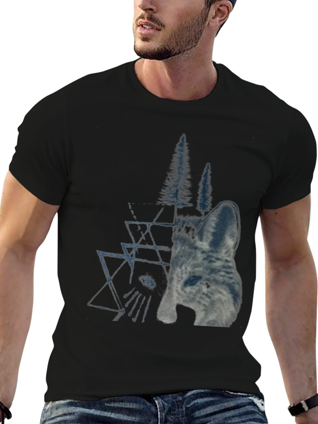 Black Geometric Wolf & Trees Graphic Tee - Black view 6
