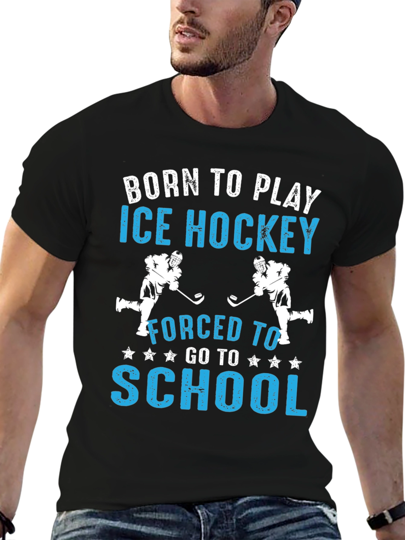 Black Born to Play Ice Hockey T-Shirt view 6