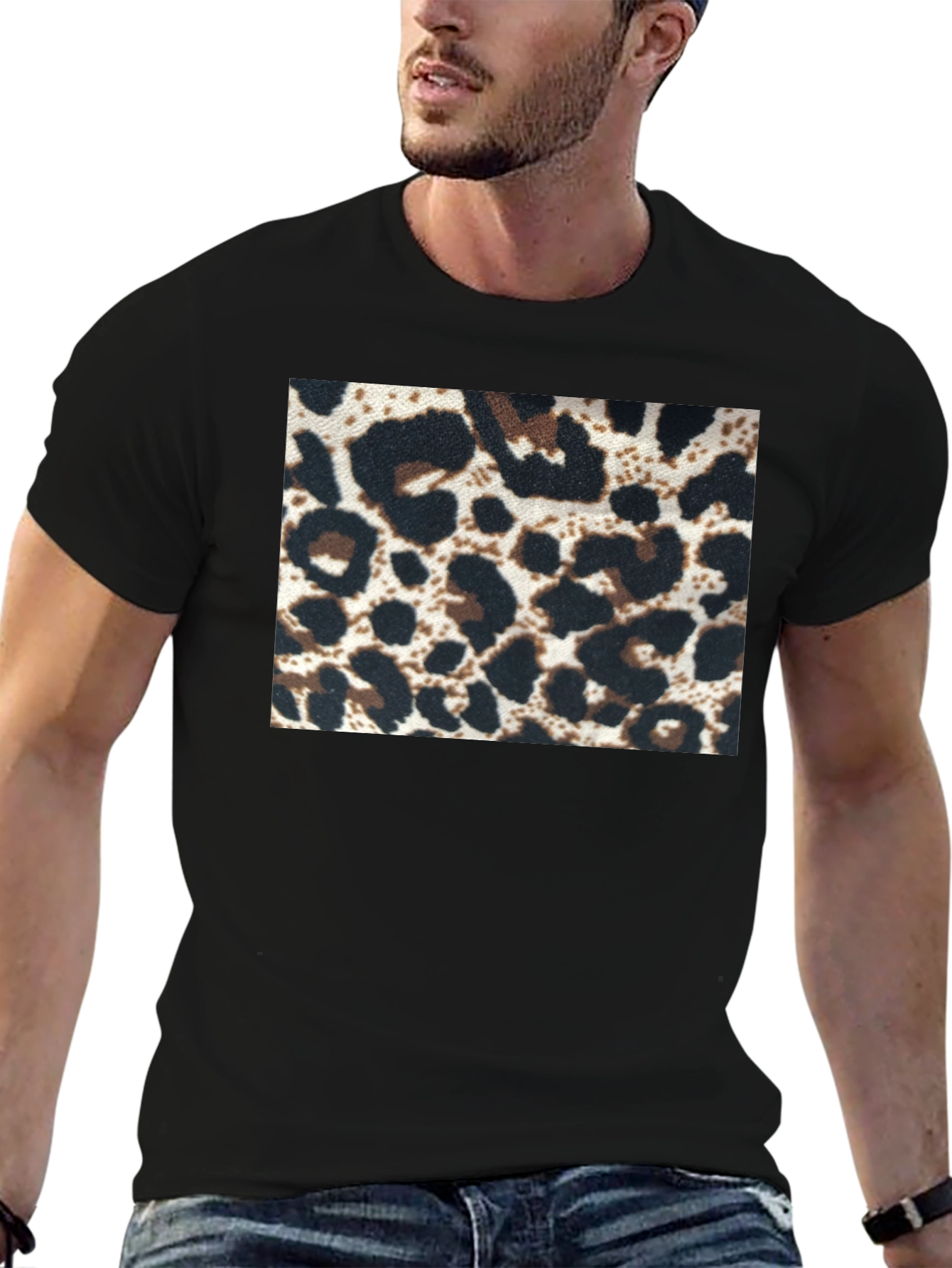 Black Leopard Print Tee - Black Short Sleeve Crew Neck view 6