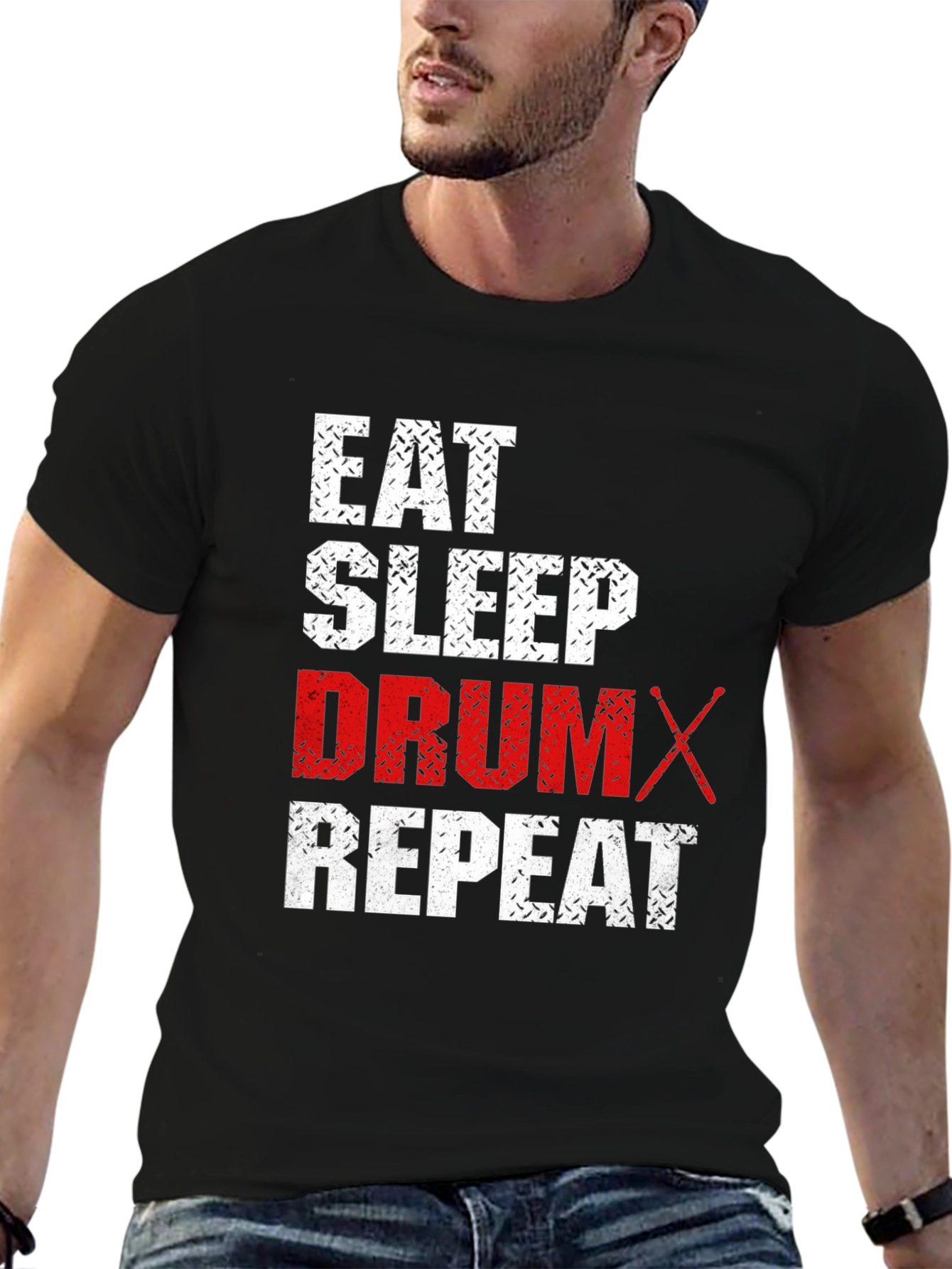 Black Eat Sleep Drum Repeat T-Shirt - Black Cotton Tee view 6