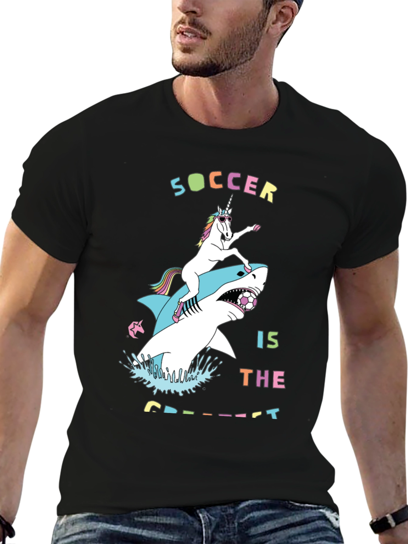 Black Unicorn Riding Shark Soccer T-Shirt view 6