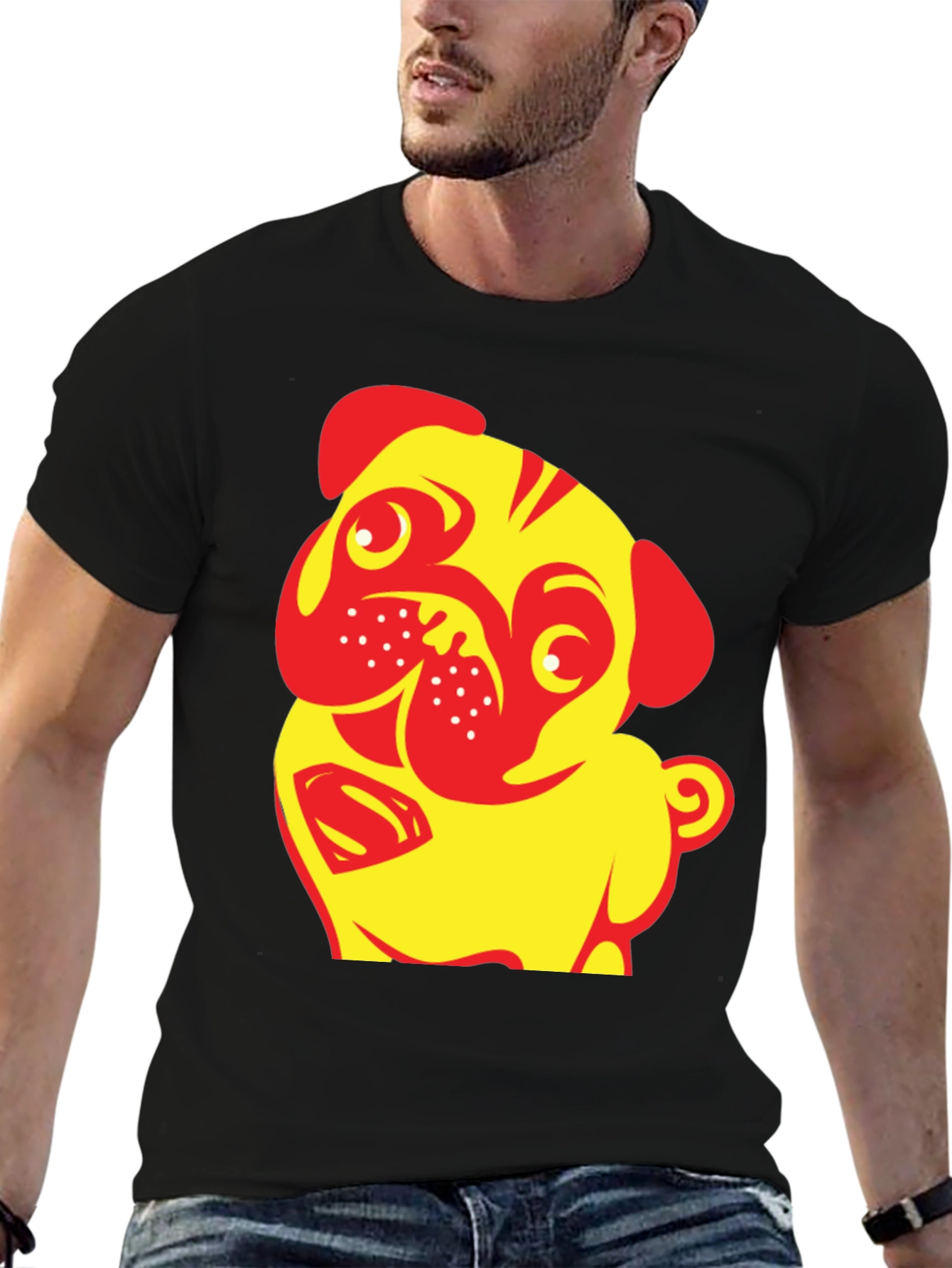 Black Pug-tastic Tee:  Yellow & Red Dog T-Shirt view 6