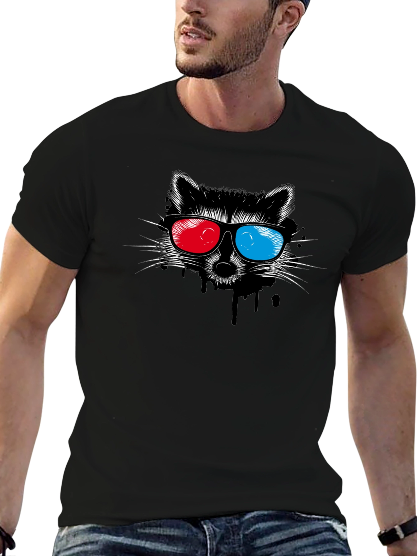 Black Cool Raccoon 3D Glasses Graphic Black T-Shirt view 6
