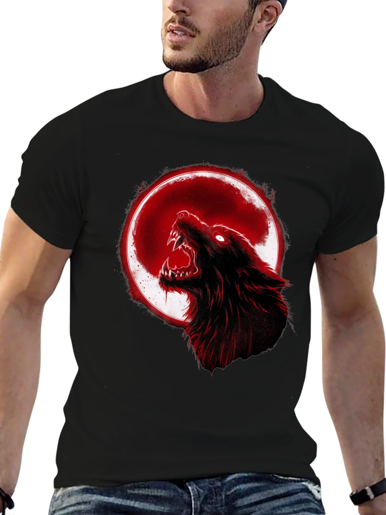 Black Full Moon Wolf Graphic Tee - Black Cotton T-Shirt view 6
