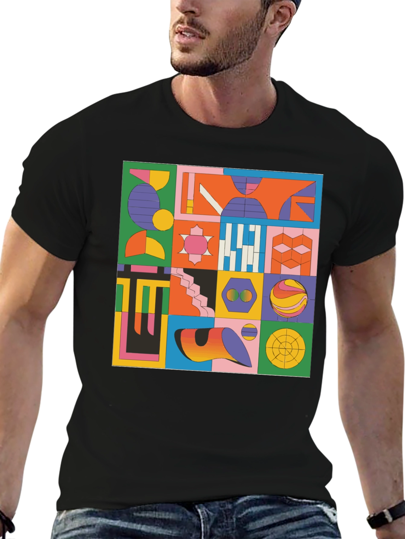 Black Geometric Pattern Graphic Tee - Modern Art T-Shirt view 6