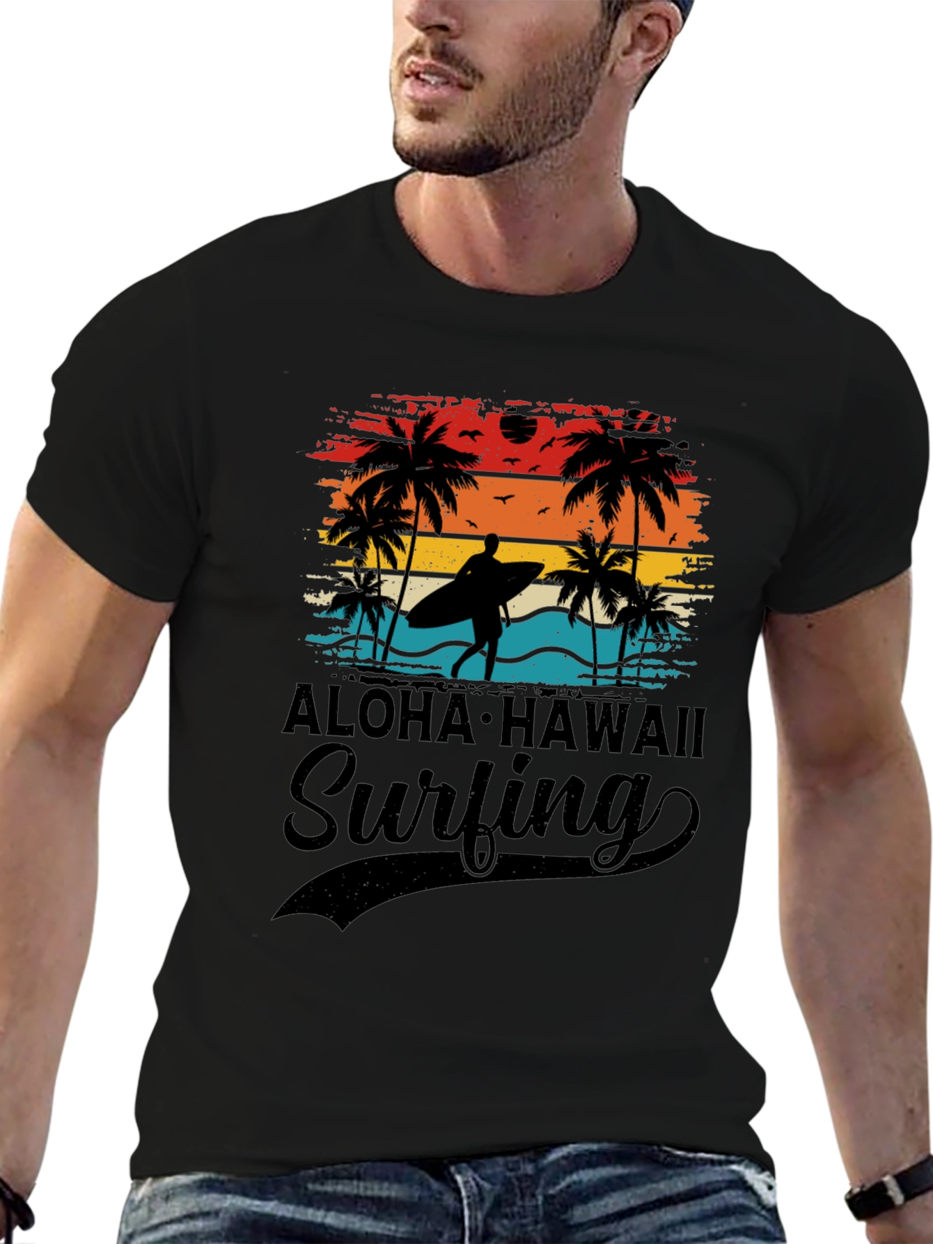Black Aloha Hawaii Surfing T-Shirt Palm Tree Sunset Tee view 6