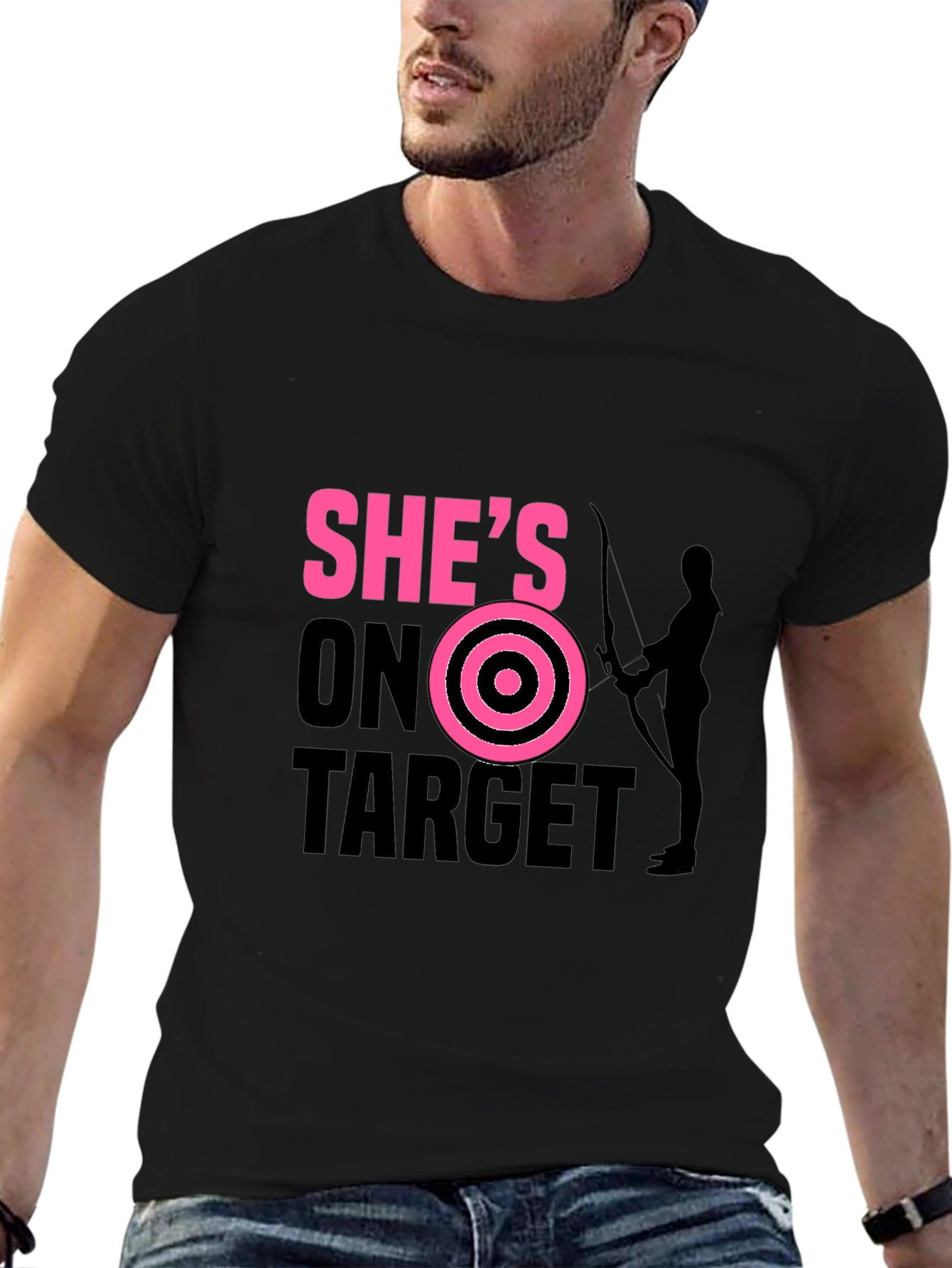 Black She's On Target T-Shirt Archer Arrow Bullseye view 6