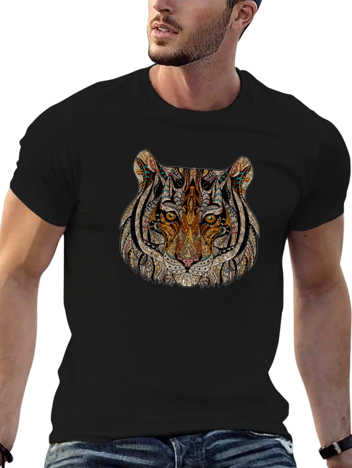 Black Intricate Tiger Head Graphic Print Black T-Shirt view 6