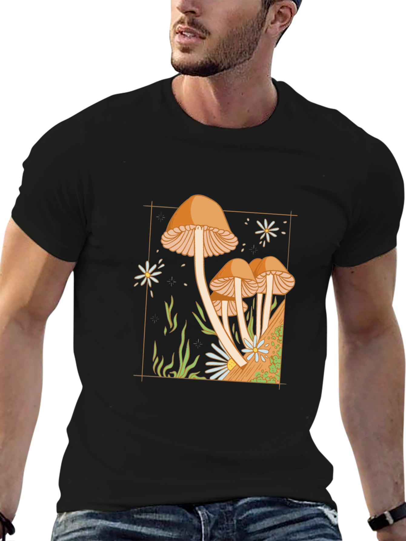 Black Mushroom Graphic Tee - Nature Inspired Black T-Shirt view 6