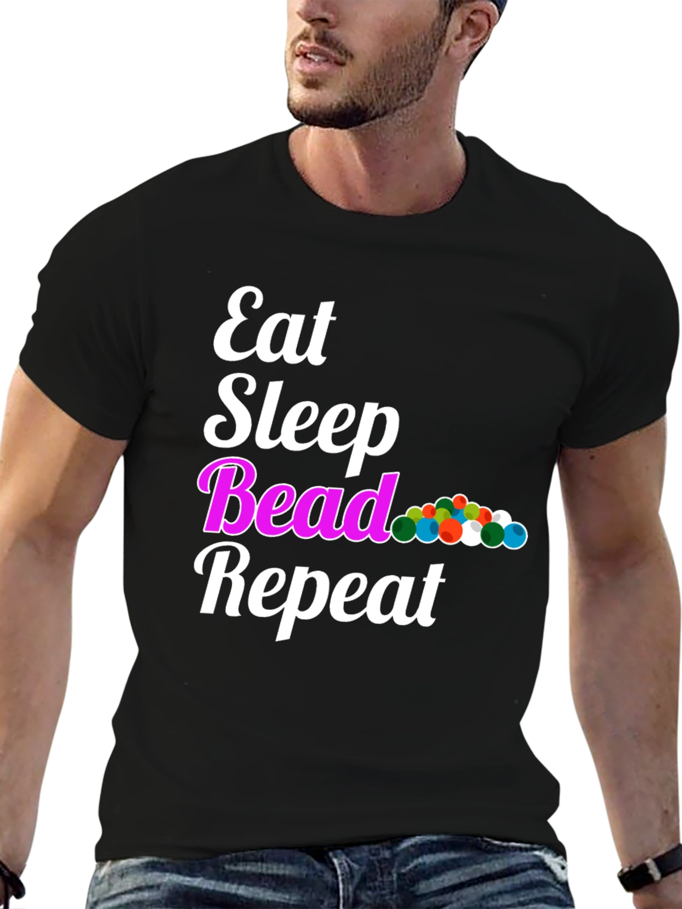 Black Eat Sleep Bead Repeat Black Graphic T-Shirt view 6