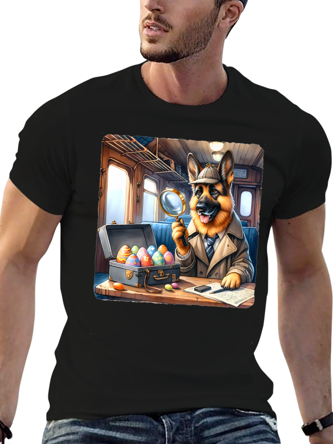 Black Detective Dog Easter Egg Hunt T-Shirt view 6