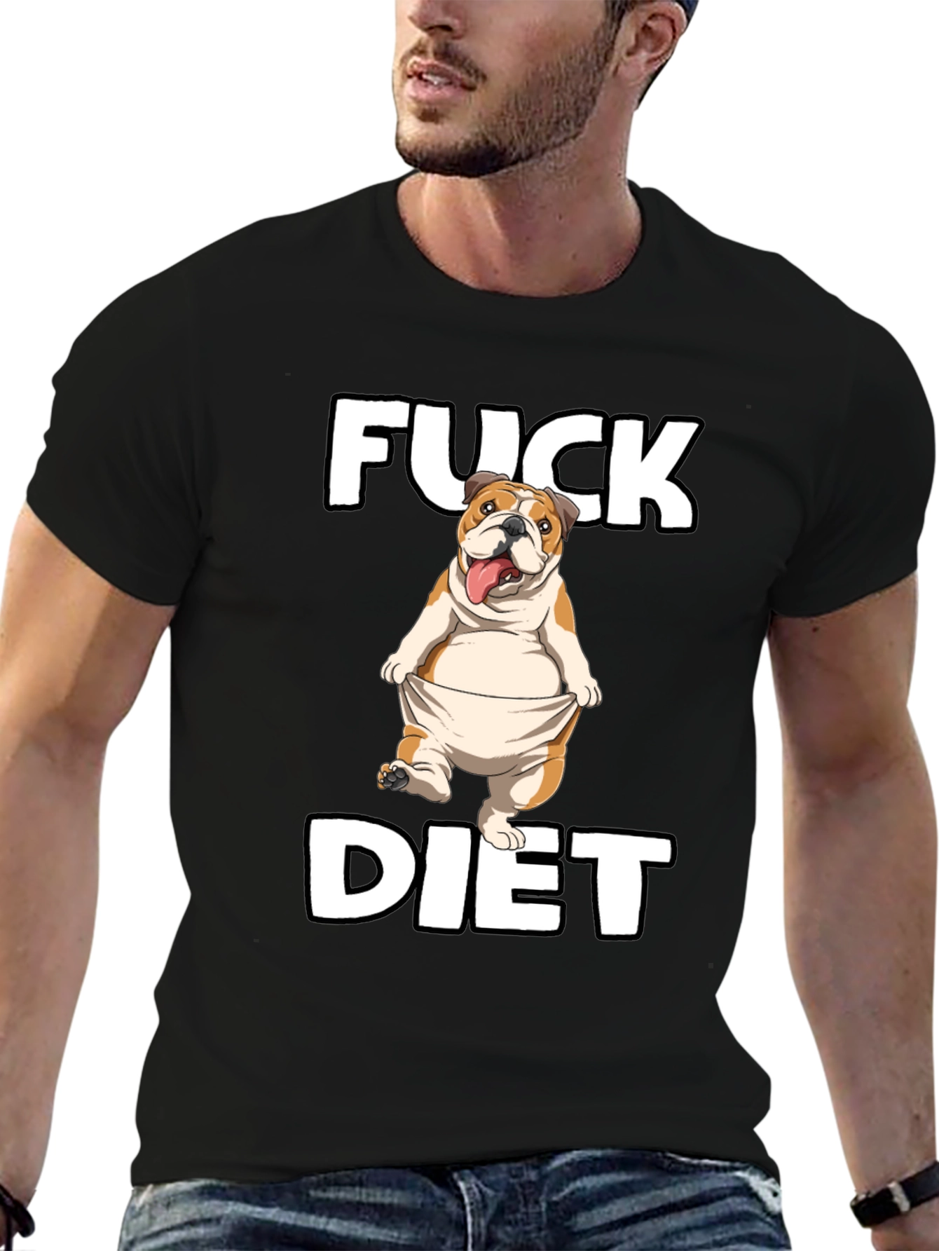 Black Funny 'Fuck Diet' Bulldog Graphic T-Shirt view 6