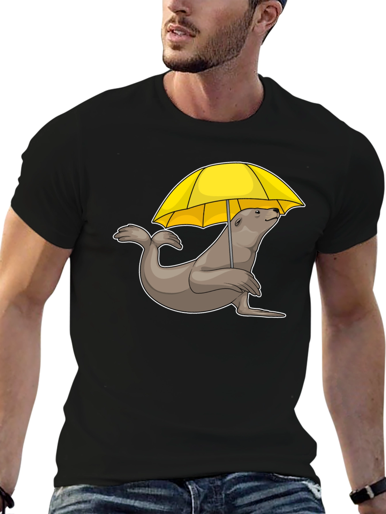 Black Seal with Umbrella T-Shirt - Black Cotton Tee view 6