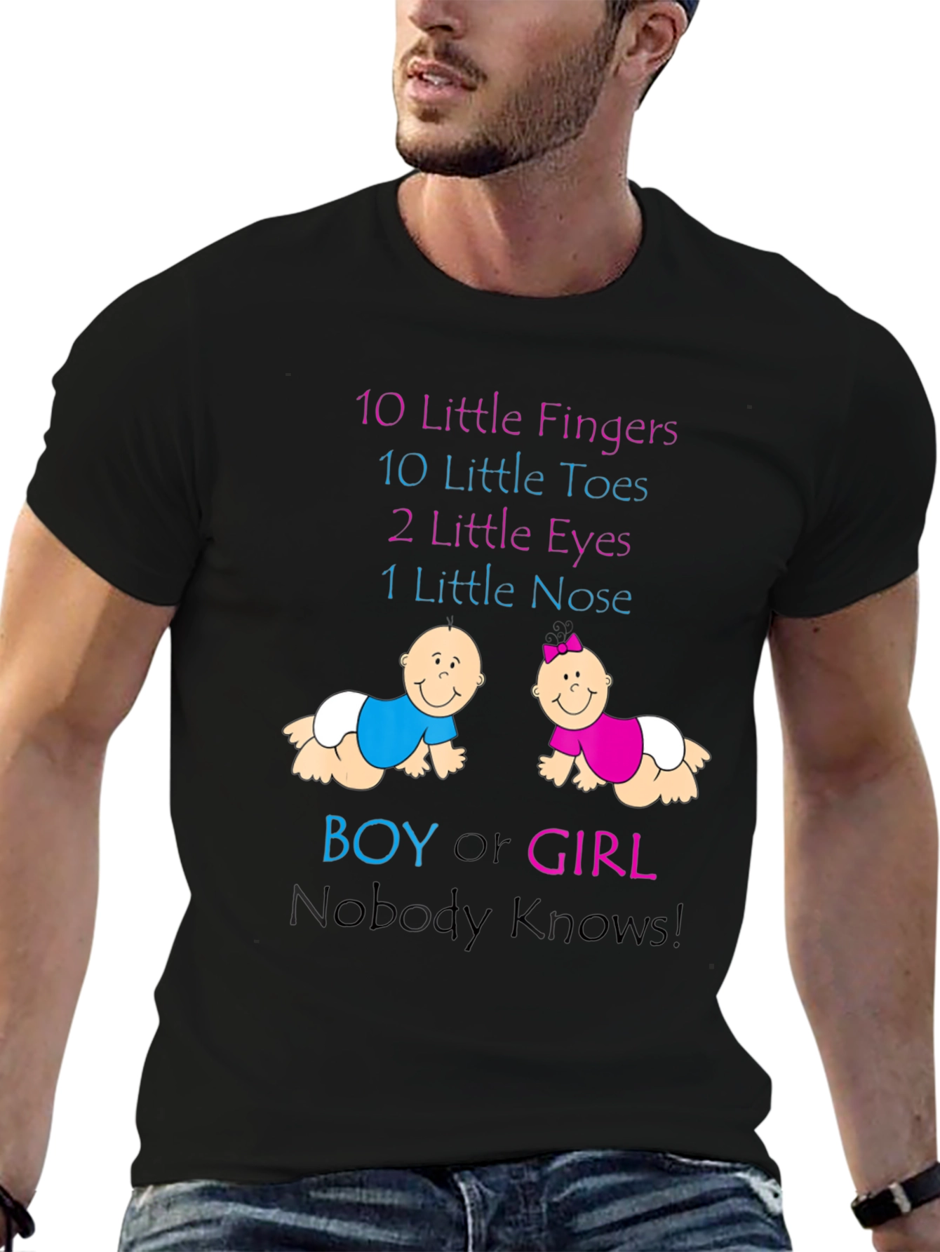 Black Baby Gender Reveal T-Shirt - Boy or Girl Nobody Knows! view 6