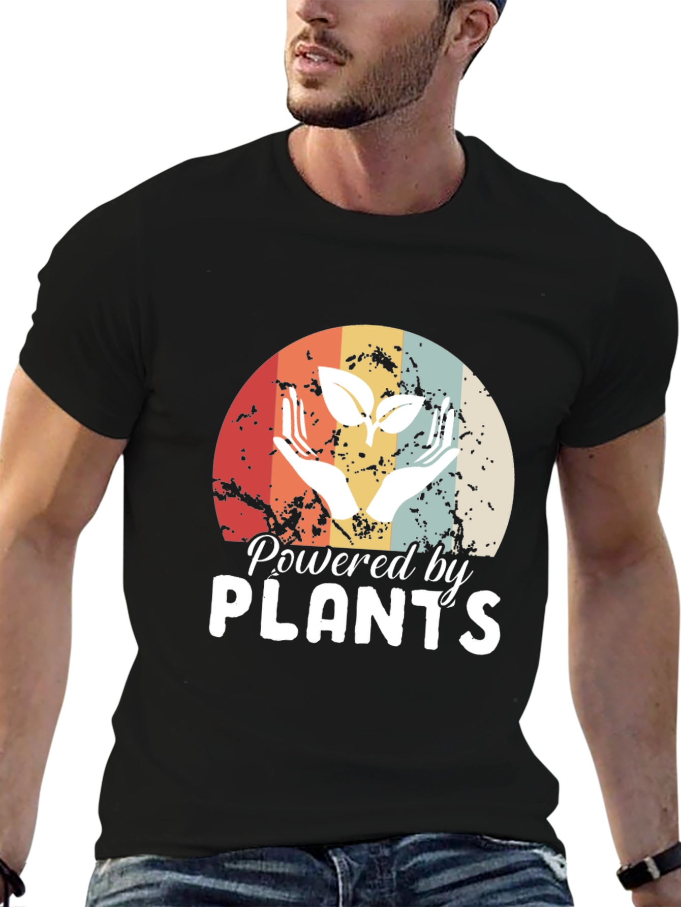 Black Powered by Plants T-Shirt - Retro Vegan Tee view 6