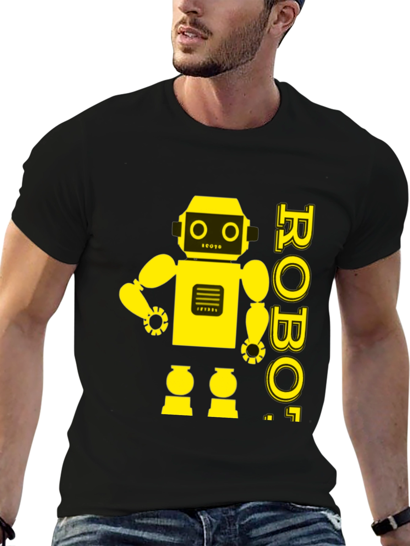 Black Retro Robot Graphic Tee - Black Cotton T-Shirt view 6