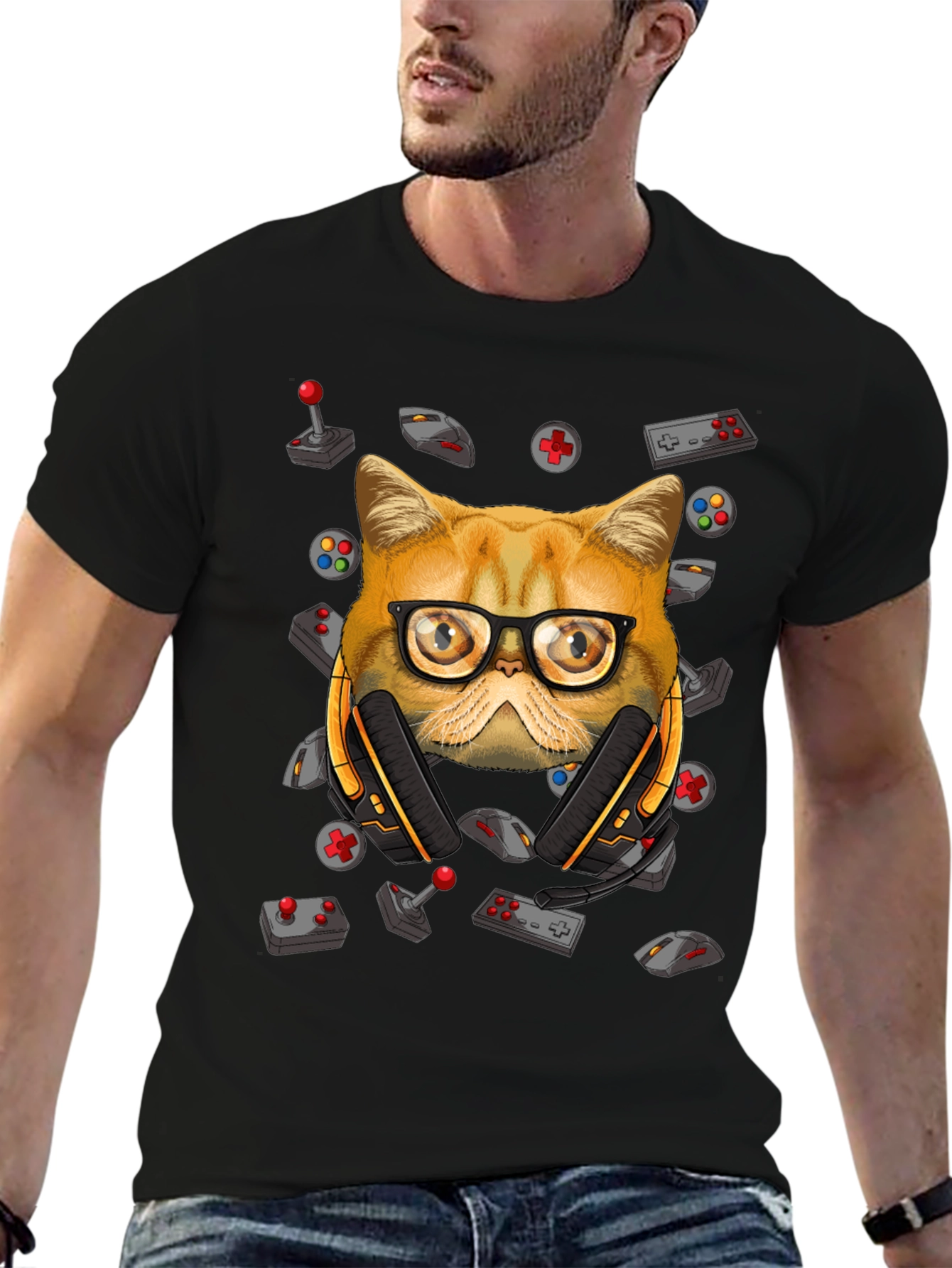 Black Gamer Cat T-Shirt - Funny Graphic Tee view 6