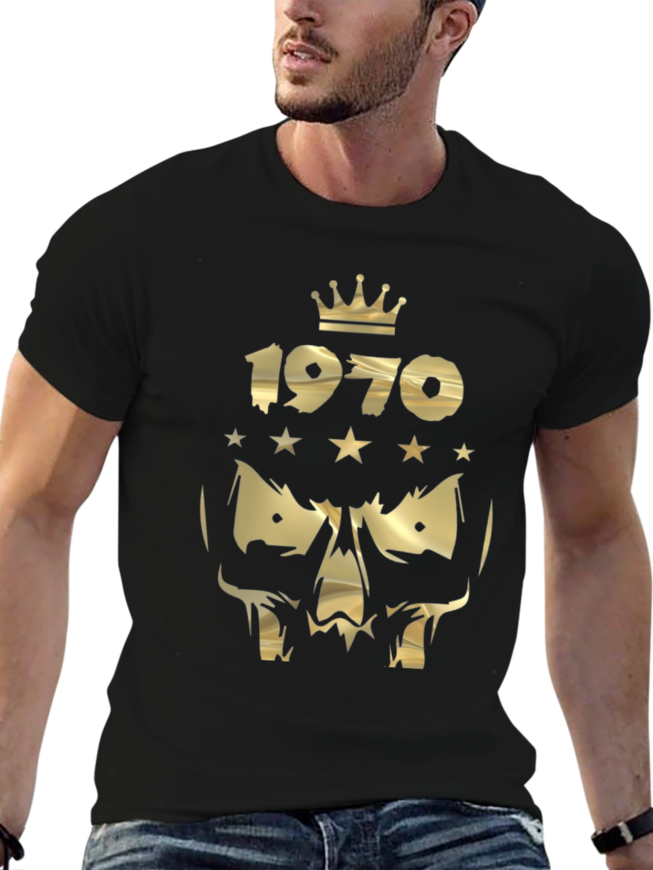 Black 1970 Skull King Gold Print Men's Black T-Shirt view 6